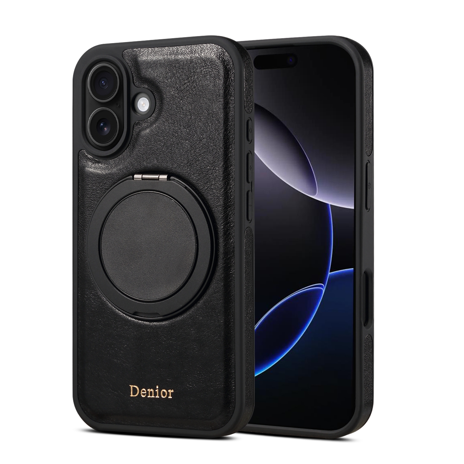 For iPhone 16 Denior A17 Genuine Leather Gear Magnetic Holder Phone Case(Black) For iPhone 16 Denior A17 Genuine Leather Gear Magnetic Holder Phone Case(Black)