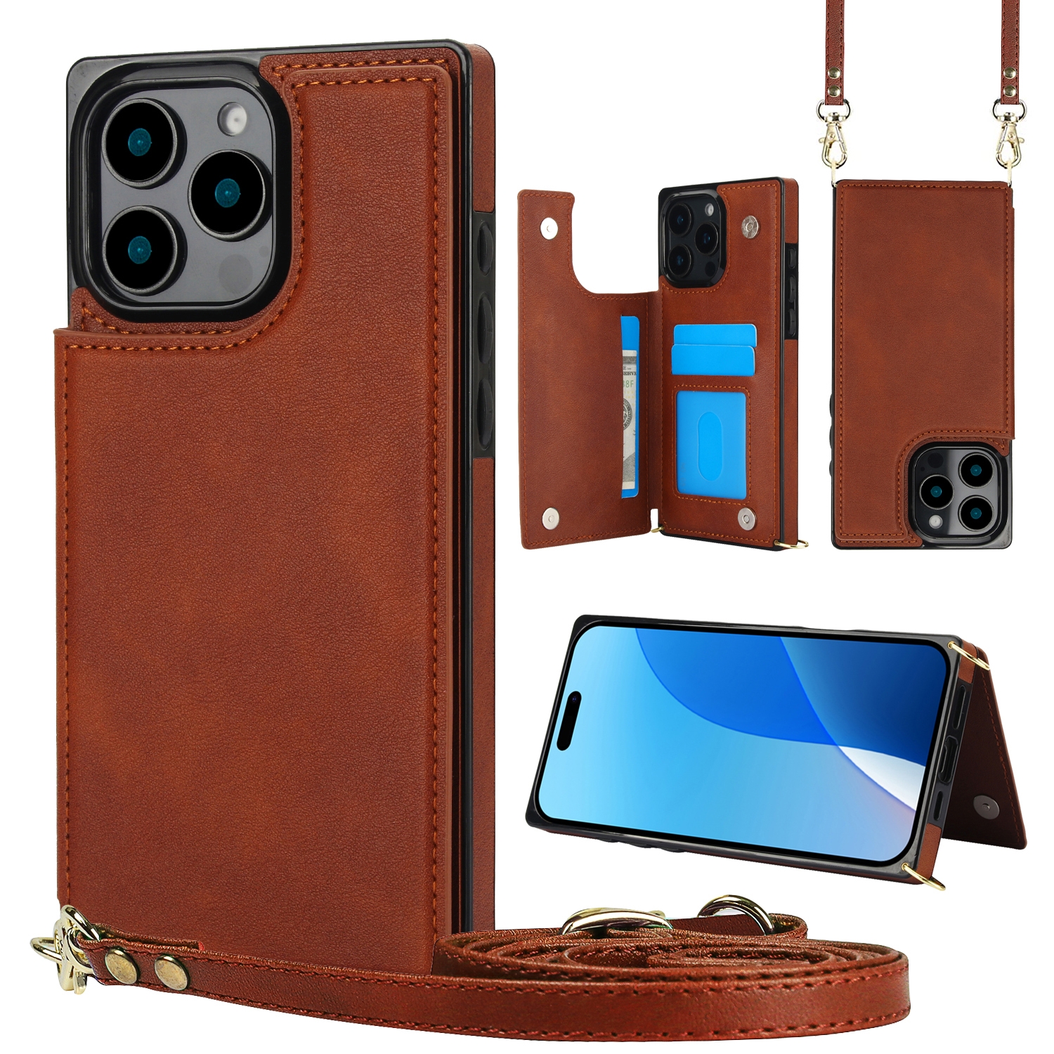 For iPhone 16 Pro Cross-body Square Dual-Buckle Card Flip Wallet Phone Case(Brown) For iPhone 16 Pro Cross-body Square Dual-Buckle Card Flip Wallet Phone Case(Brown)