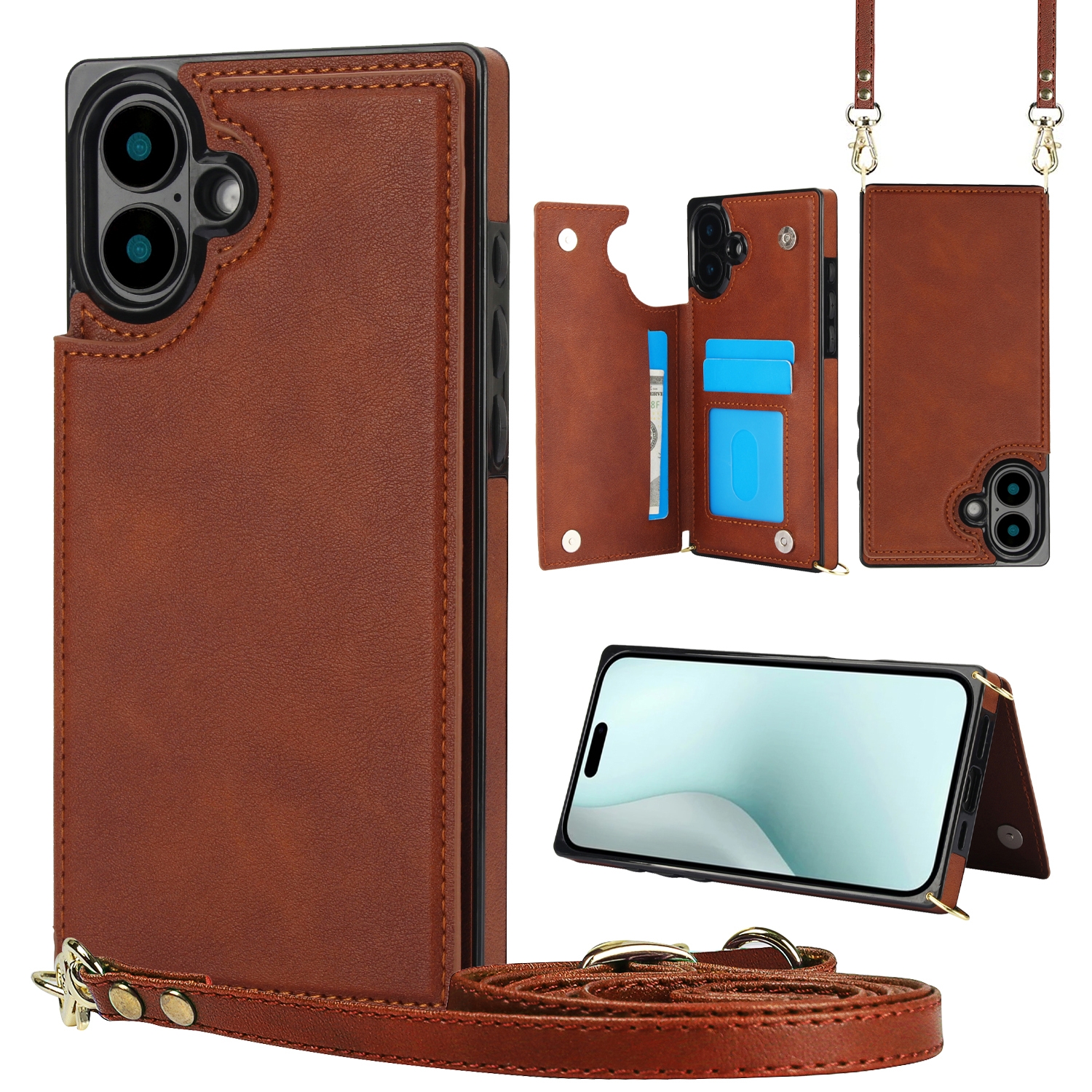 For iPhone 16 Cross-body Square Dual-Buckle Card Flip Wallet Phone Case(Brown) For iPhone 16 Cross-body Square Dual-Buckle Card Flip Wallet Phone Case(Brown)