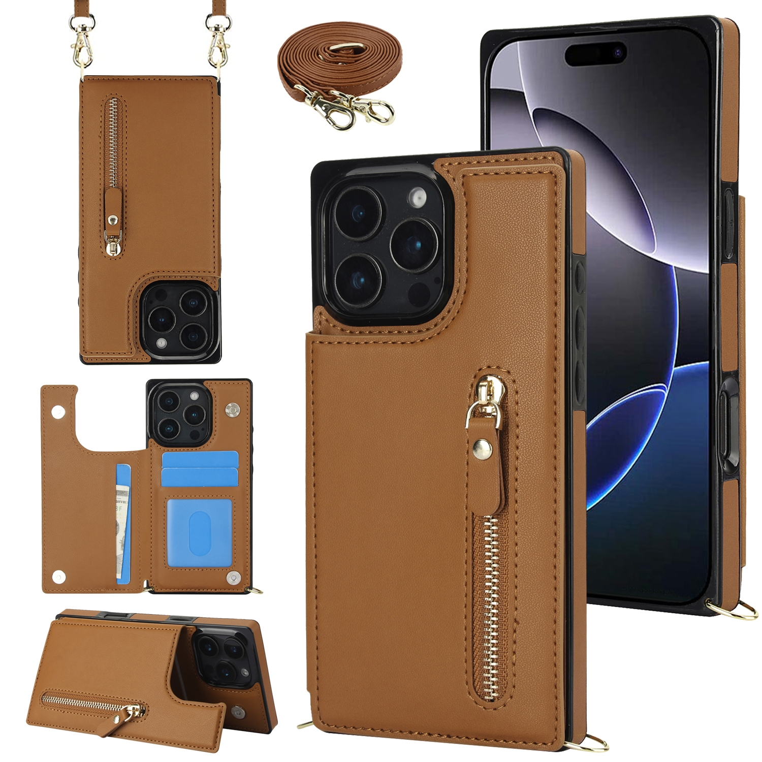 For iPhone 16 Pro Cross-body Zipper Square Phone Case(Brown)