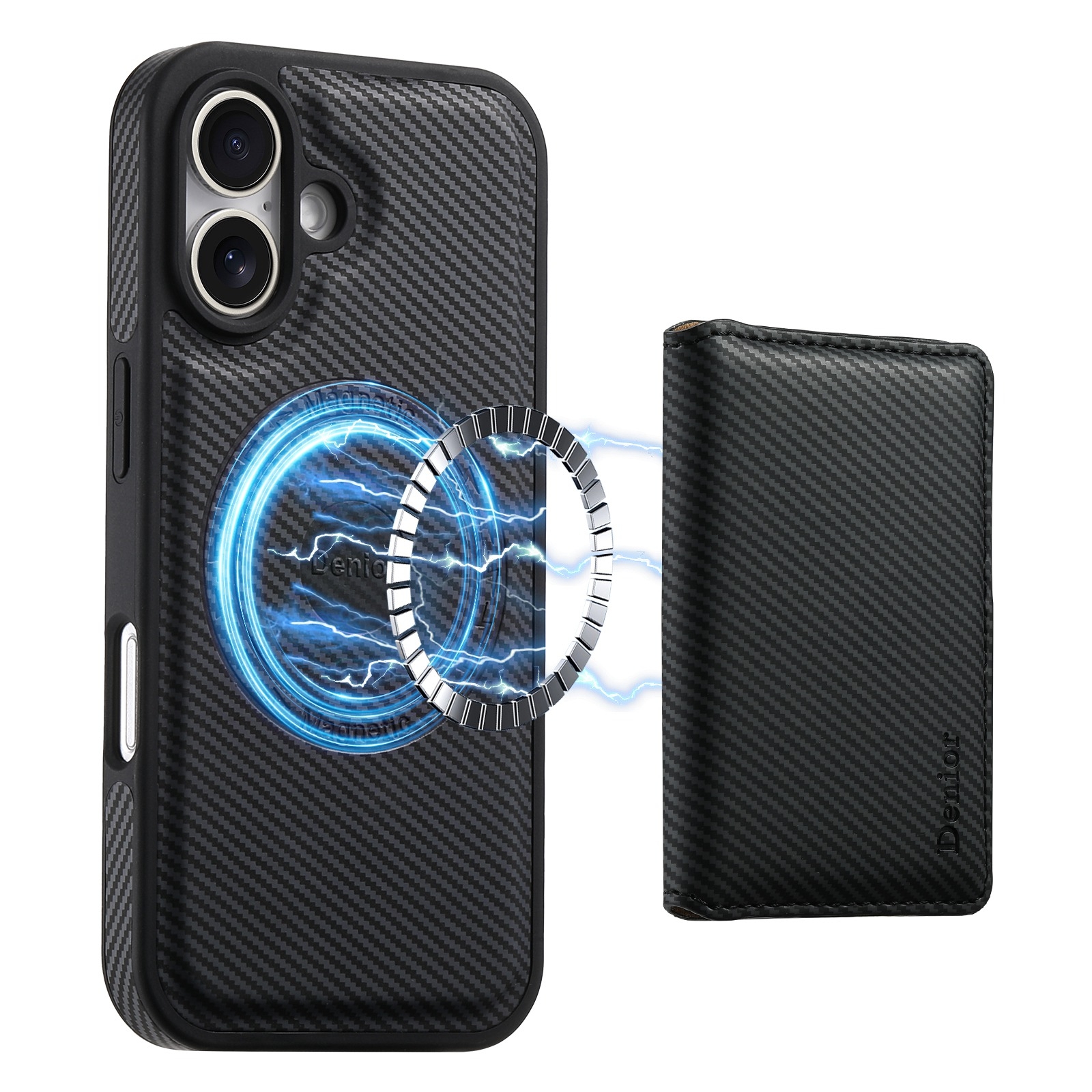 For iPhone 16 Denior Carbon Fiber Texture Leather Card Bag MagSafe Phone Case(Black) For iPhone 16 Denior Carbon Fiber Texture Leather Card Bag MagSafe Phone Case(Black)
