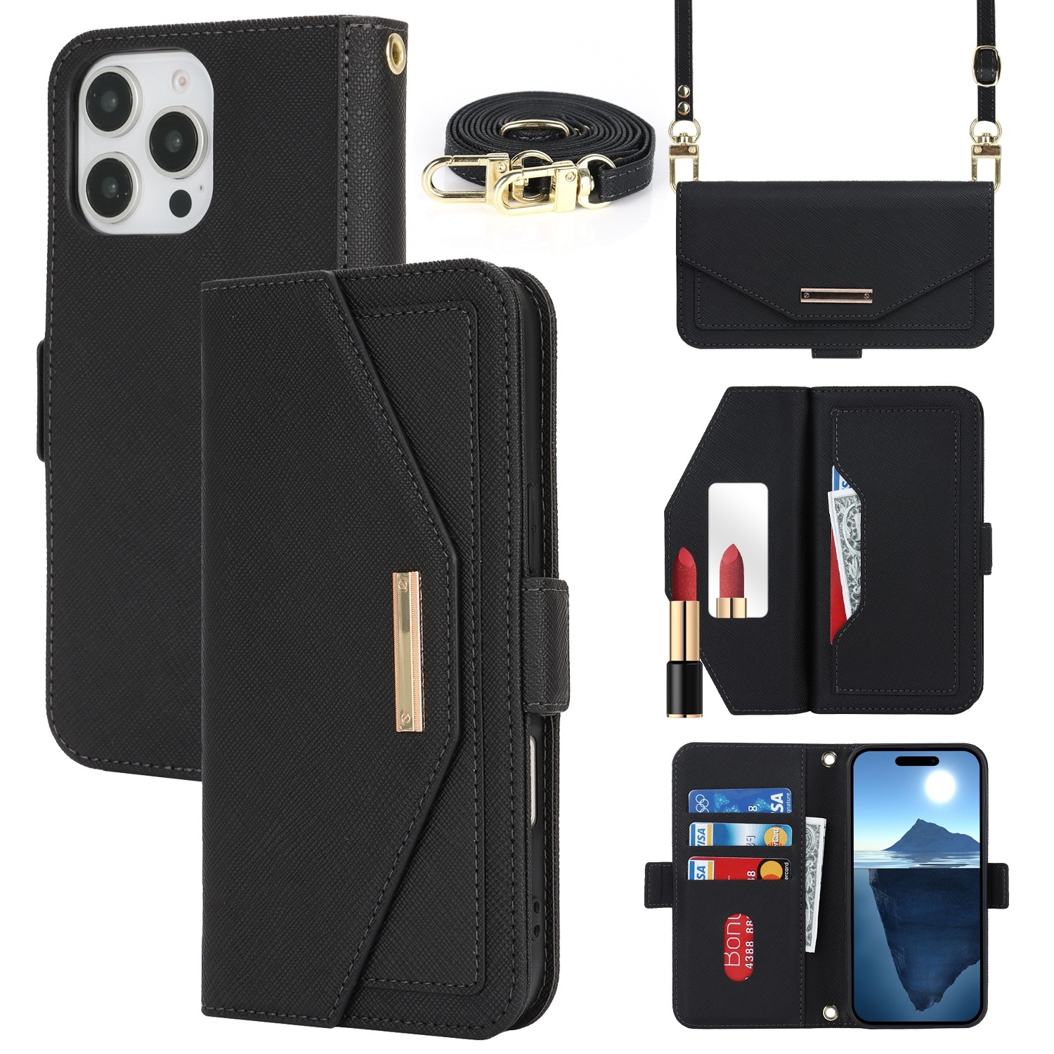 For iPhone 16 Pro Cross Texture Crossbody Lanyard Leather Phone Case(Black) For iPhone 16 Pro Cross Texture Crossbody Lanyard Leather Phone Case(Black)