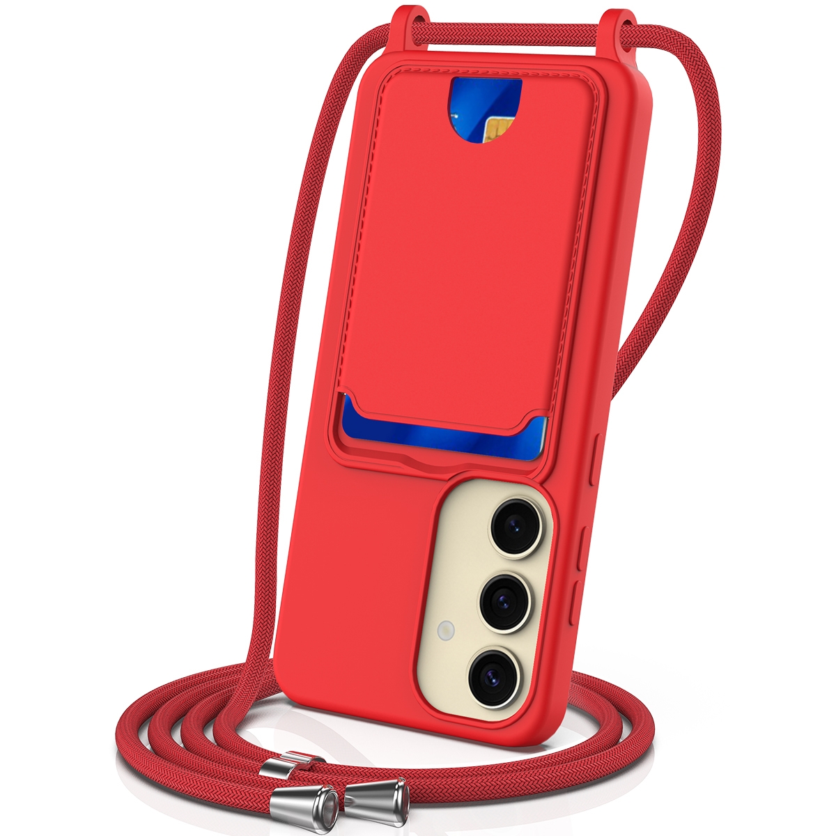 For Samsung Galaxy S25 5G Integrated Card Bag Solid Color Liquid Silicone Phone Case with Lanyard(Red)