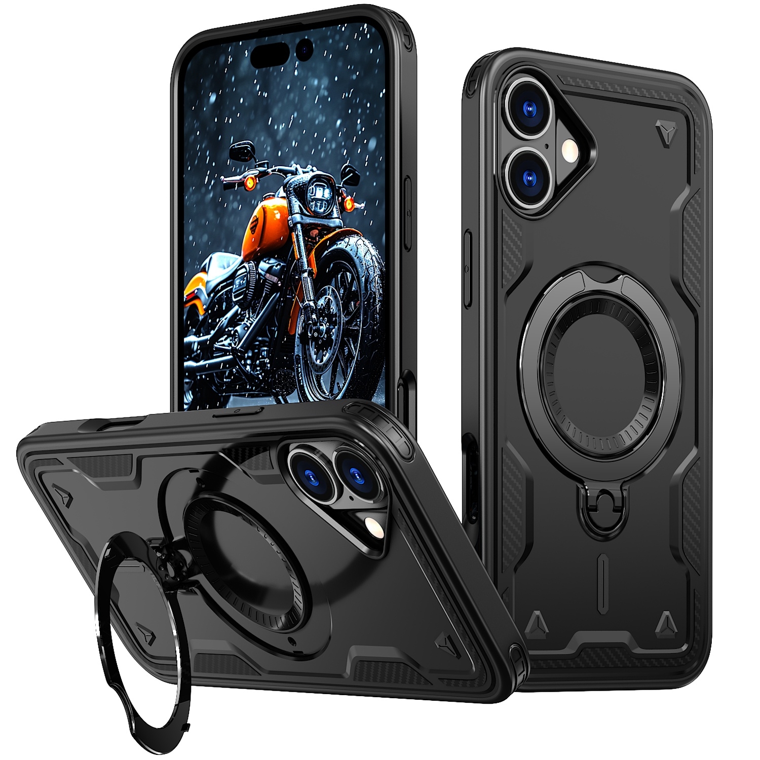 For iPhone 16 Plus PC Hybrid TPU Armor MagSafe Ring Holder Phone Case(Black) For iPhone 16 Plus PC Hybrid TPU Armor MagSafe Ring Holder Phone Case(Black)