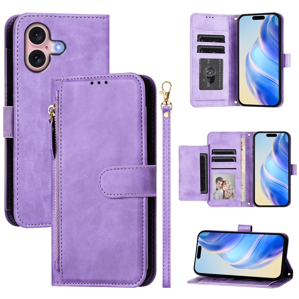 For iPhone 16 Multi-Card Slots Zipper Wallet Leather Phone Case(Purple) For iPhone 16 Multi-Card Slots Zipper Wallet Leather Phone Case(Purple)