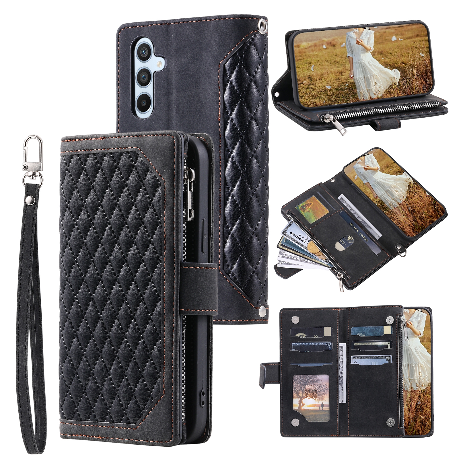 For Samsung Galaxy S25+ 5G Grid Texture Zipper Leather Phone Case with Lanyard(Black) For Samsung Galaxy S25+ 5G Grid Texture Zipper Leather Phone Case with Lanyard(Black)