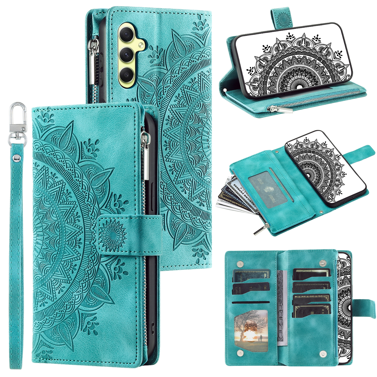 For Samsung Galaxy S25 5G Multi-Card Totem Zipper Leather Phone Case(Green)