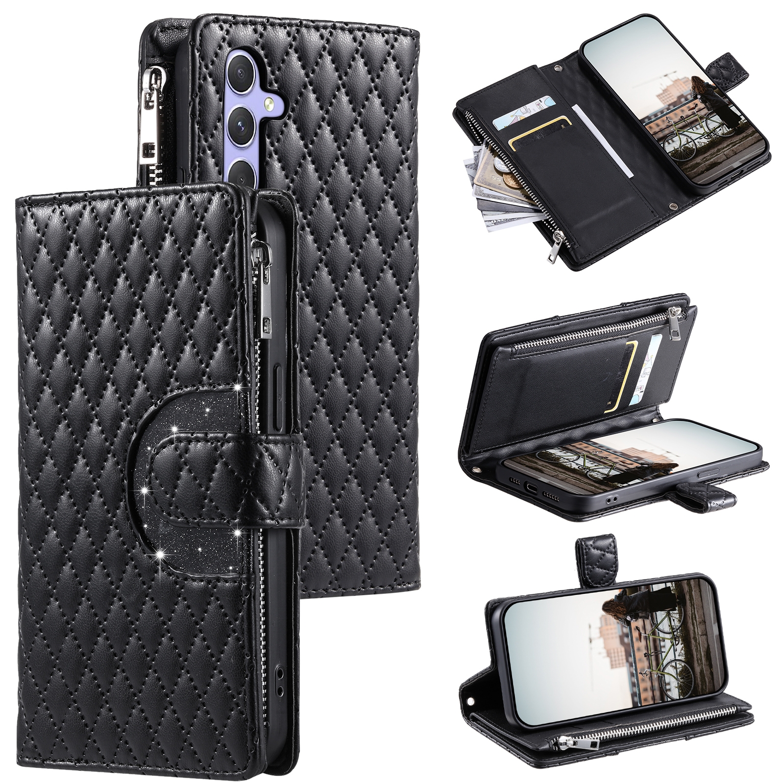 For Samsung Galaxy S25 5G Glitter Lattice Zipper Wallet Leather Phone Case(Black) For Samsung Galaxy S25 5G Glitter Lattice Zipper Wallet Leather Phone Case(Black)