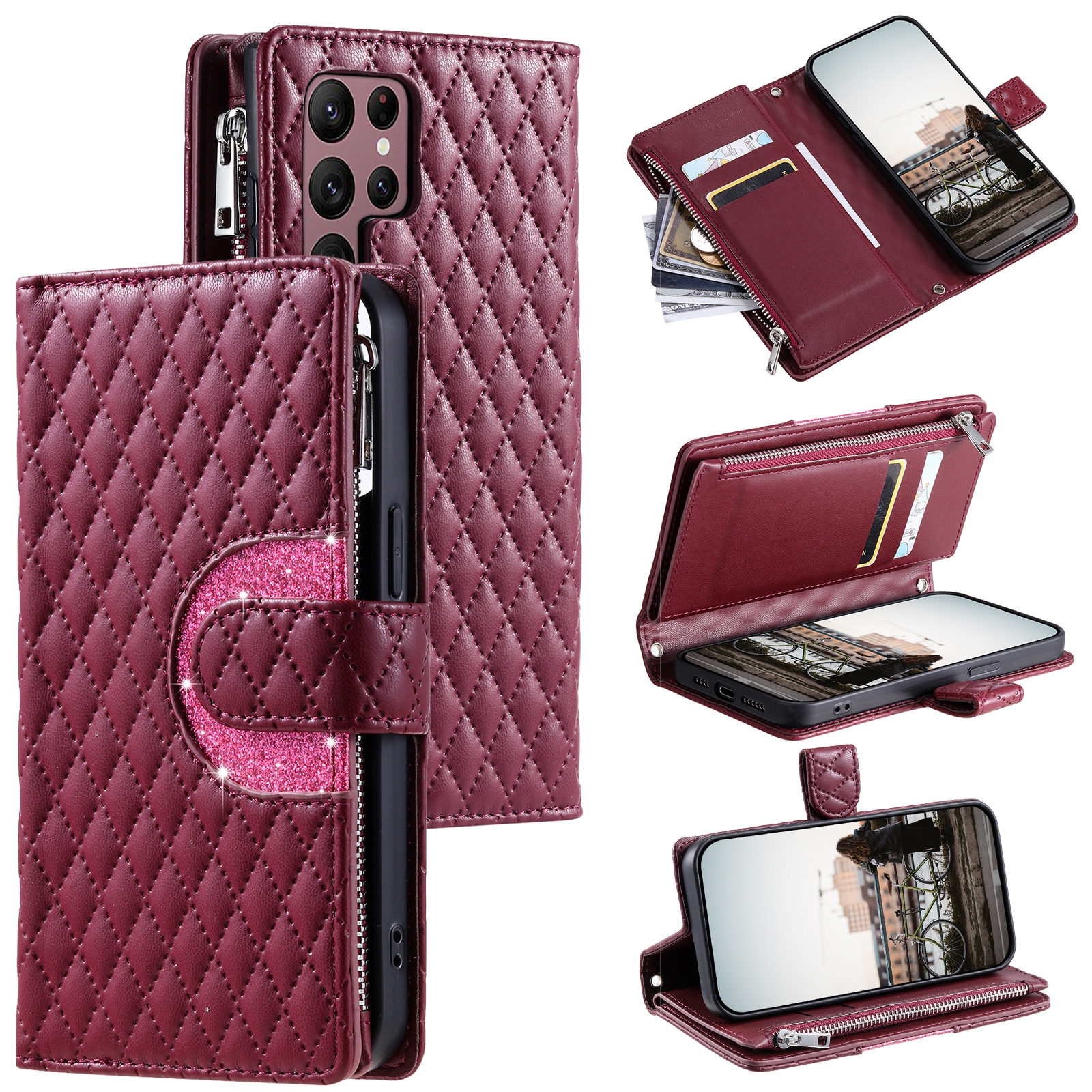 For Samsung Galaxy S25 Ultra 5G Glitter Lattice Zipper Wallet Leather Phone Case(Wine Red) For Samsung Galaxy S25 Ultra 5G Glitter Lattice Zipper Wallet Leather Phone Case(Wine Red)