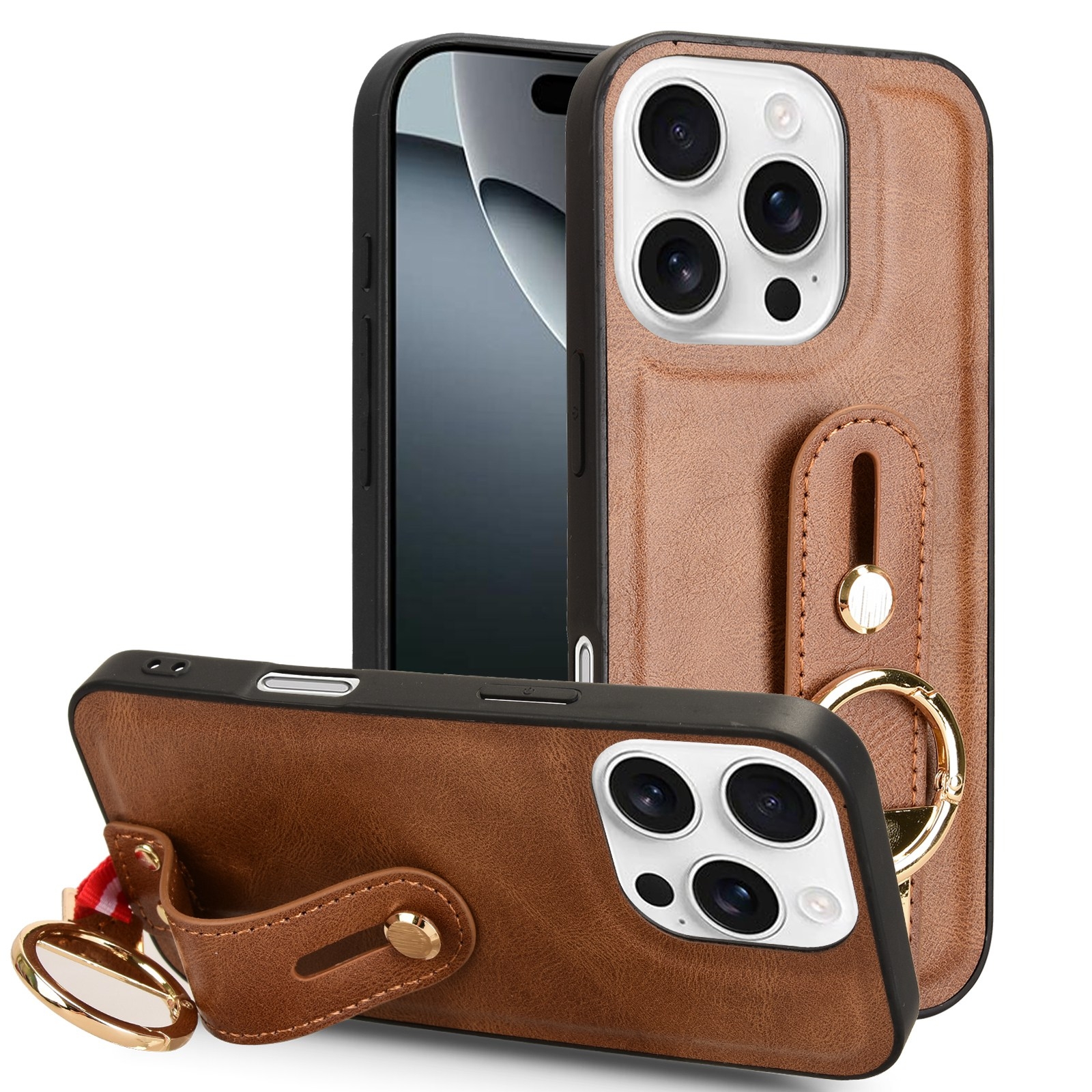 For iPhone 16 Pro Wristband Leather Back Phone Case(Brown) For iPhone 16 Pro Wristband Leather Back Phone Case(Brown)