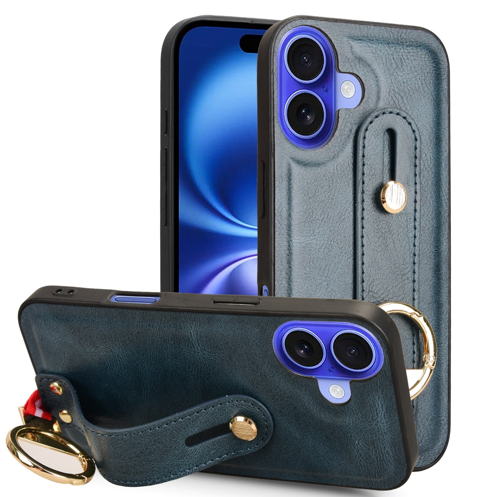 For iPhone 16 Wristband Leather Back Phone Case(Blue) For iPhone 16 Wristband Leather Back Phone Case(Blue)