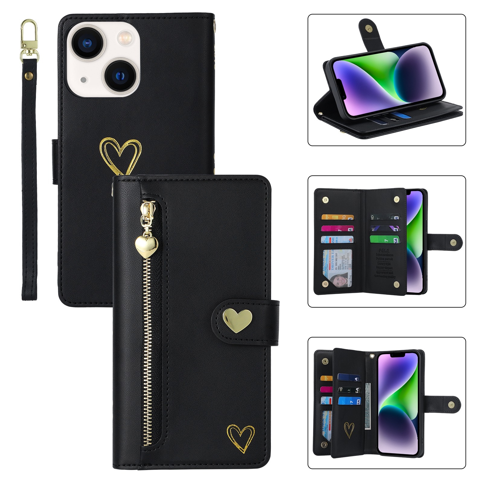 For iPhone 14 POLA Love Multi-Card Slots Zipper Wallet Leather Phone Case(Black) For iPhone 14 POLA Love Multi-Card Slots Zipper Wallet Leather Phone Case(Black)