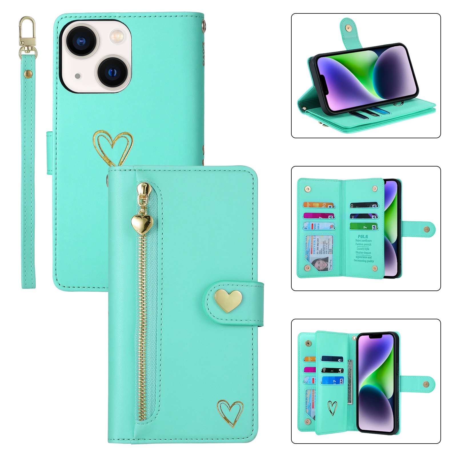 For iPhone 14 Plus POLA Love Multi-Card Slots Zipper Wallet Leather Phone Case(Light Green) For iPhone 14 Plus POLA Love Multi-Card Slots Zipper Wallet Leather Phone Case(Light Green)