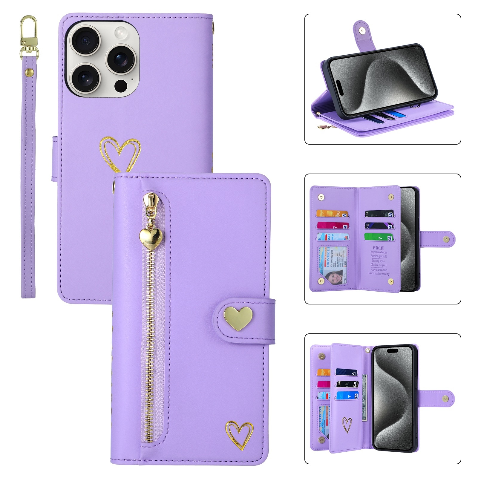 For iPhone 15 Pro POLA Love Multi-Card Slots Zipper Wallet Leather Phone Case(Purple) For iPhone 15 Pro POLA Love Multi-Card Slots Zipper Wallet Leather Phone Case(Purple)