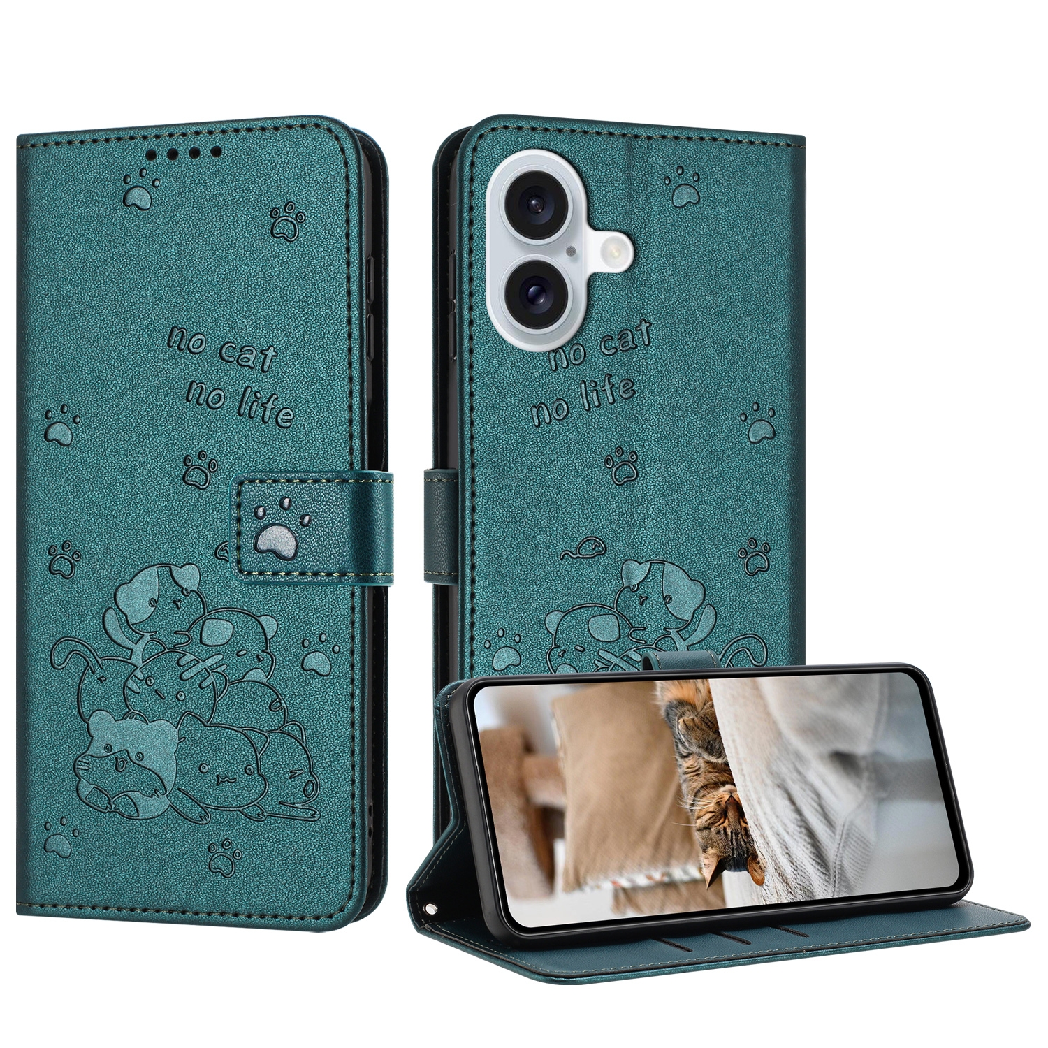 For iPhone 16 Embossed Kitten Phone Leather Case with Lanyard(Dark Green) For iPhone 16 Embossed Kitten Phone Leather Case with Lanyard(Dark Green)