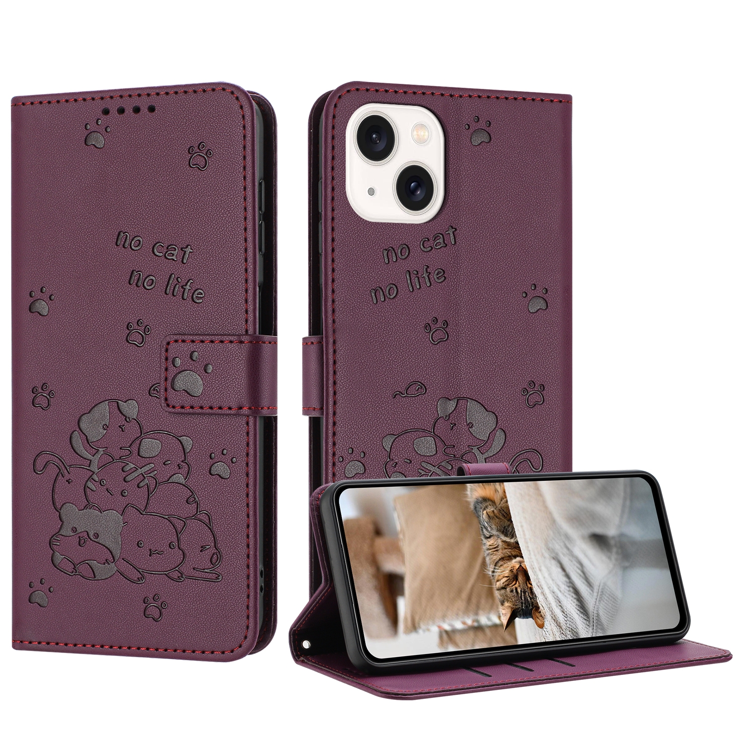 For iPhone 15 Plus Embossed Kitten Phone Leather Case with Lanyard(Wine Red) For iPhone 15 Plus Embossed Kitten Phone Leather Case with Lanyard(Wine Red)
