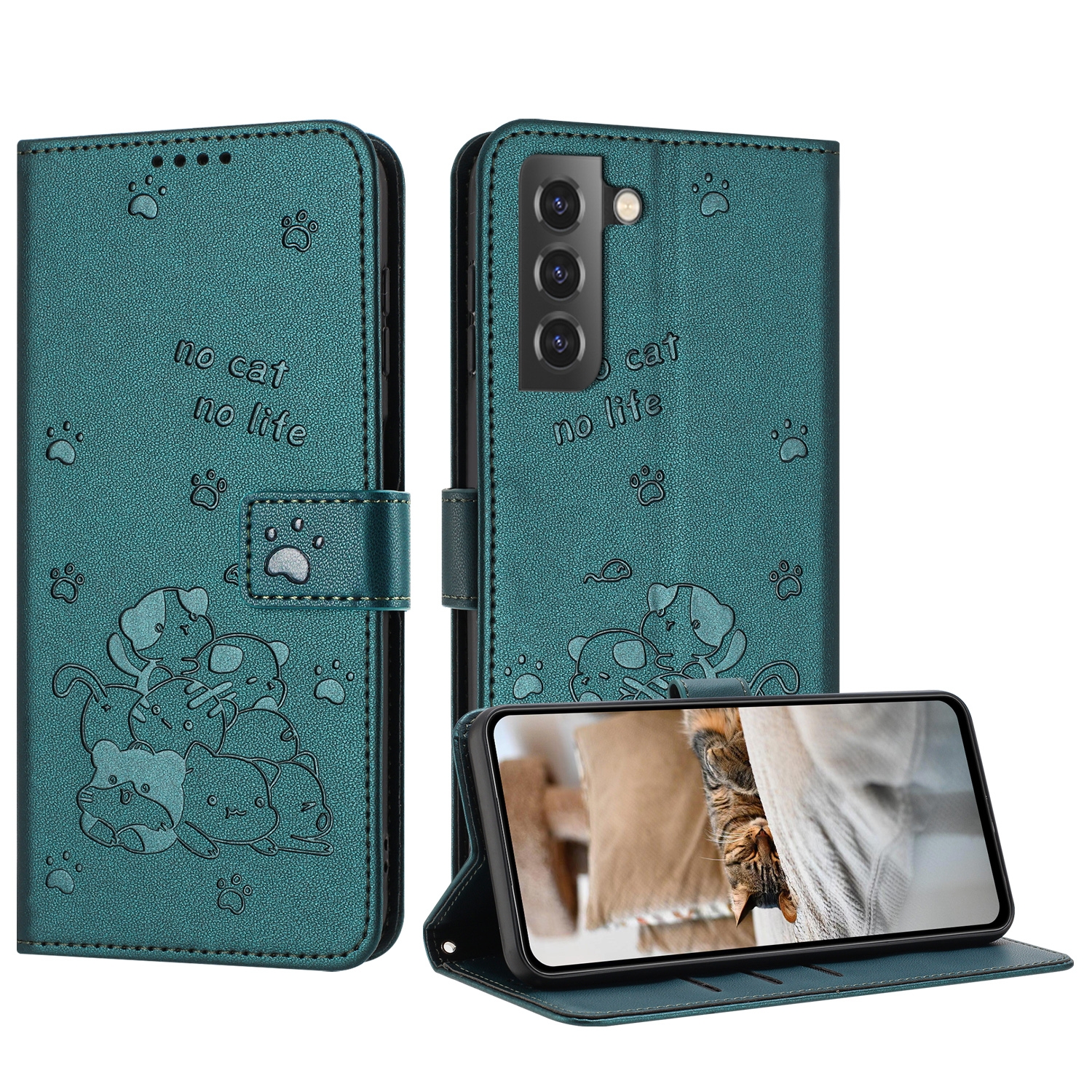 For Samsung Galaxy S21+ 5G Embossed Kitten Phone Leather Case with Lanyard(Dark Green) For Samsung Galaxy S21+ 5G Embossed Kitten Phone Leather Case with Lanyard(Dark Green)
