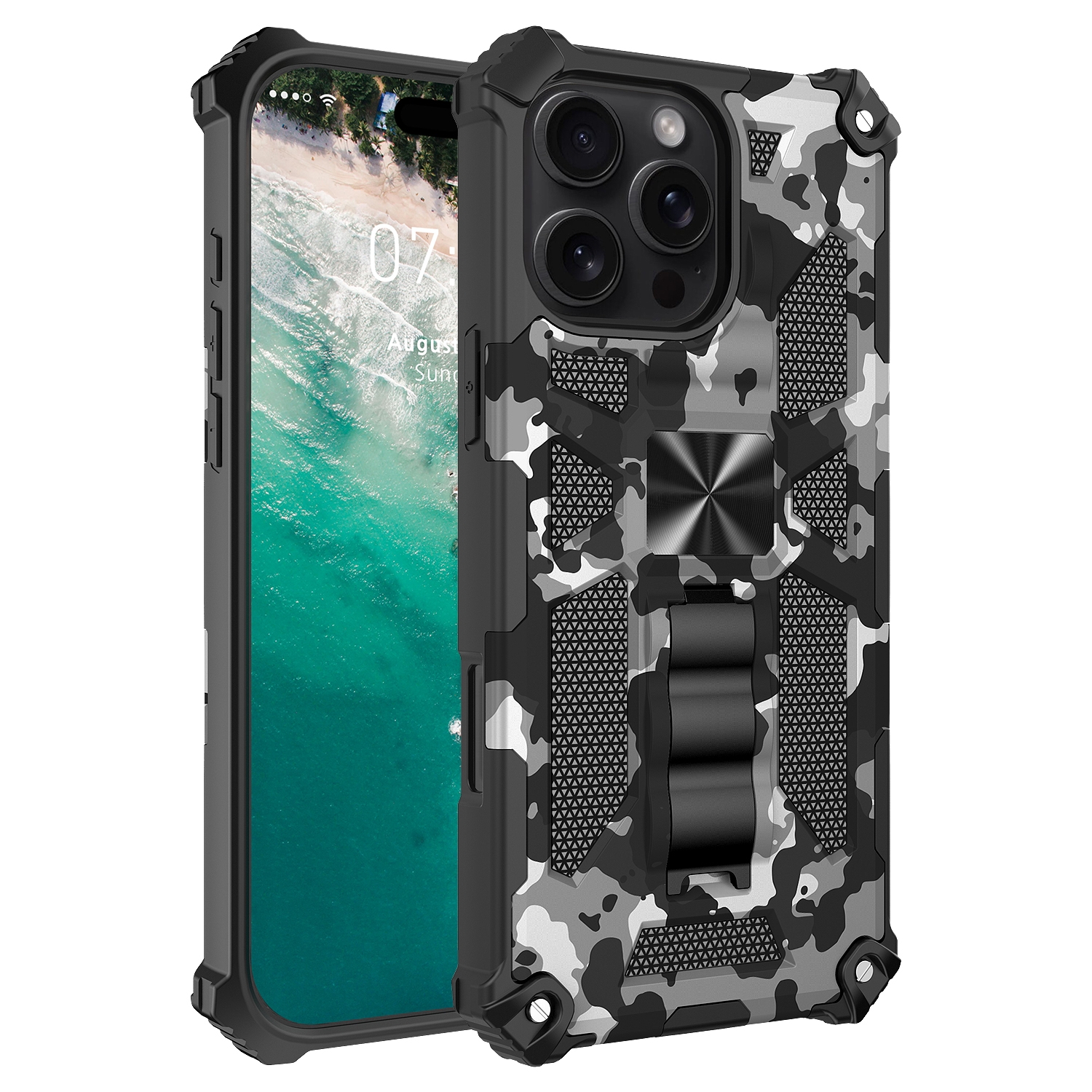For iPhone 16 Pro Camouflage Armor Kickstand TPU Hybrid PC Magnetic Phone Case(Black) For iPhone 16 Pro Camouflage Armor Kickstand TPU Hybrid PC Magnetic Phone Case(Black)