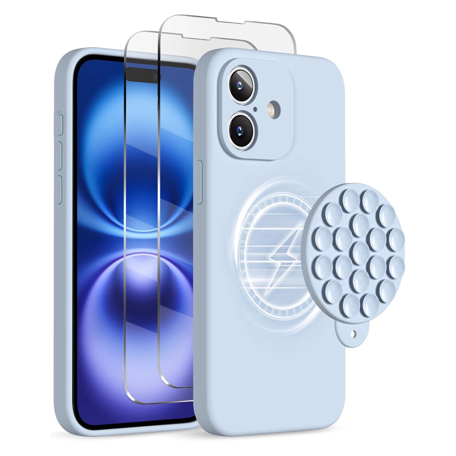 For iPhone 16 Plus Silicone Suction Cup MagSafe Phone Case with Screen Film(Sierra Blue) For iPhone 16 Plus Silicone Suction Cup MagSafe Phone Case with Screen Film(Sierra Blue)