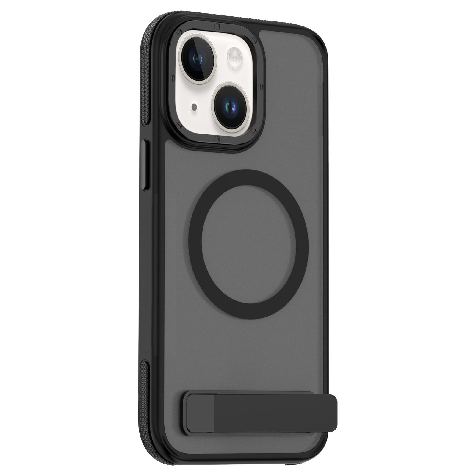 For iPhone 15 Plus / 14 Plus Dual-Color Skin Feel Magsafe Phone Case with Holder(Black) For iPhone 15 Plus / 14 Plus Dual-Color Skin Feel Magsafe Phone Case with Holder(Black)
