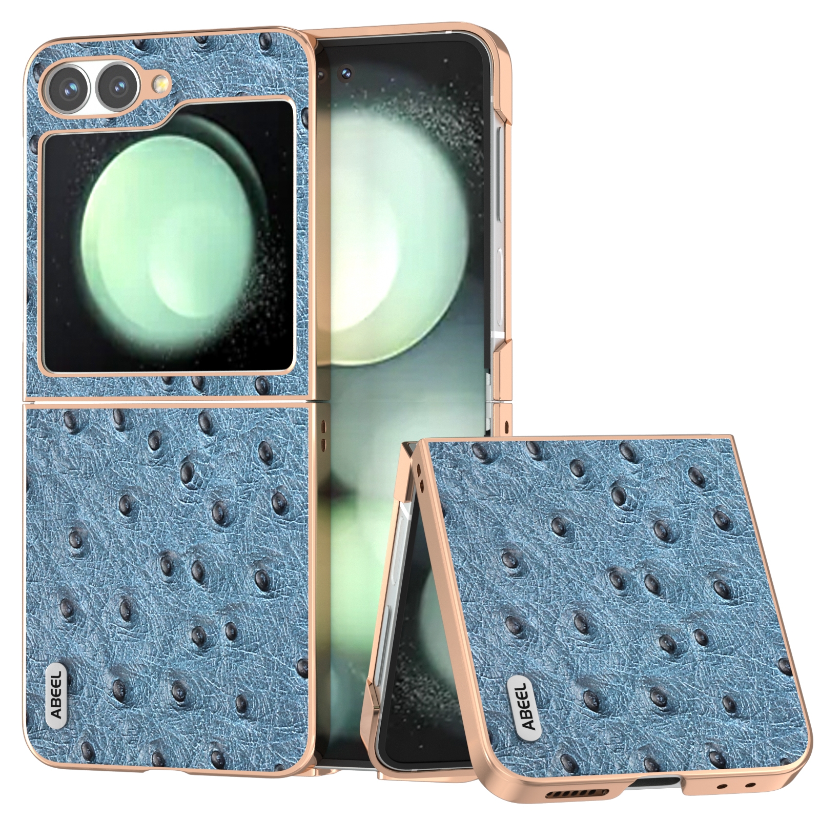 For Samsung Galaxy Z Flip6 ABEEL Electroplating Frame Genuine Leather Ostrich Texture Phone Case(Dark Blue) For Samsung Galaxy Z Flip6 ABEEL Electroplating Frame Genuine Leather Ostrich Texture Phone Case(Dark Blue)