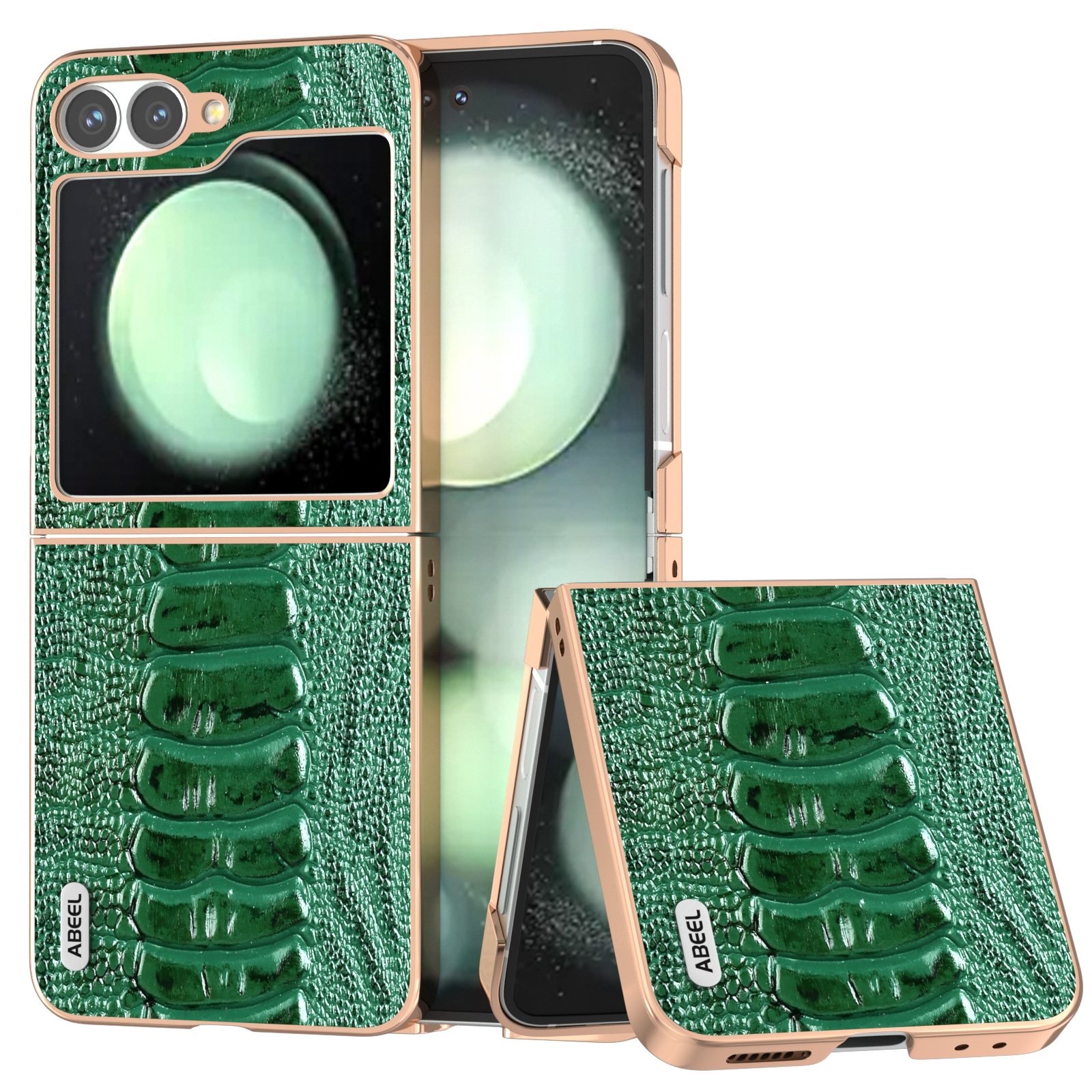 For Samsung Galaxy Z Flip6 ABEEL Electroplating Frame Genuine Leather Weilai Series Phone Case(Green) For Samsung Galaxy Z Flip6 ABEEL Electroplating Frame Genuine Leather Weilai Series Phone Case(Green)