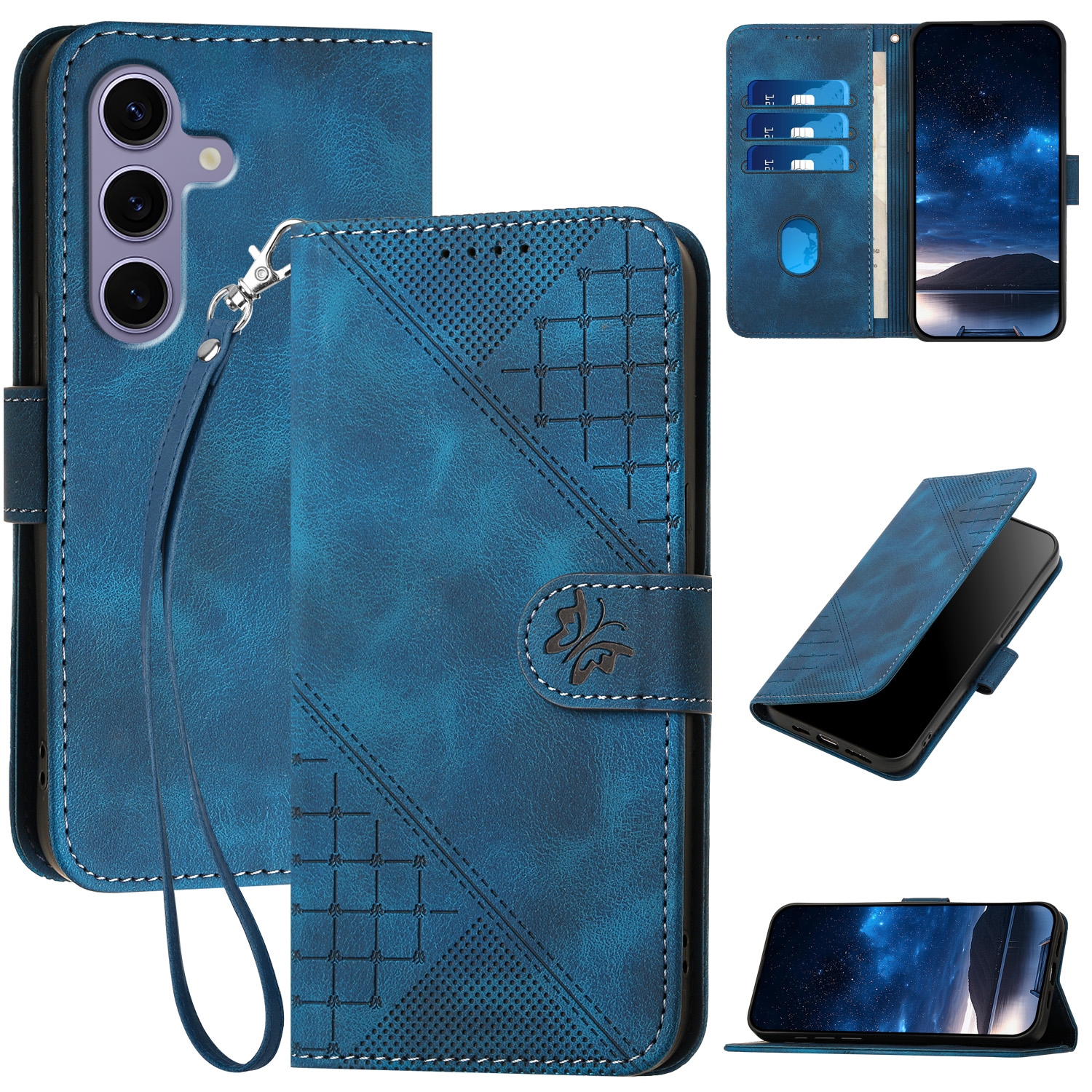 For Samsung Galaxy S25 5G YX0080 Grid Butterfly Embossed Pattern Flip Leather Phone Case with Lanyard(Dark Blue) For Samsung Galaxy S25 5G YX0080 Grid Butterfly Embossed Pattern Flip Leather Phone Case with Lanyard(Dark Blue)