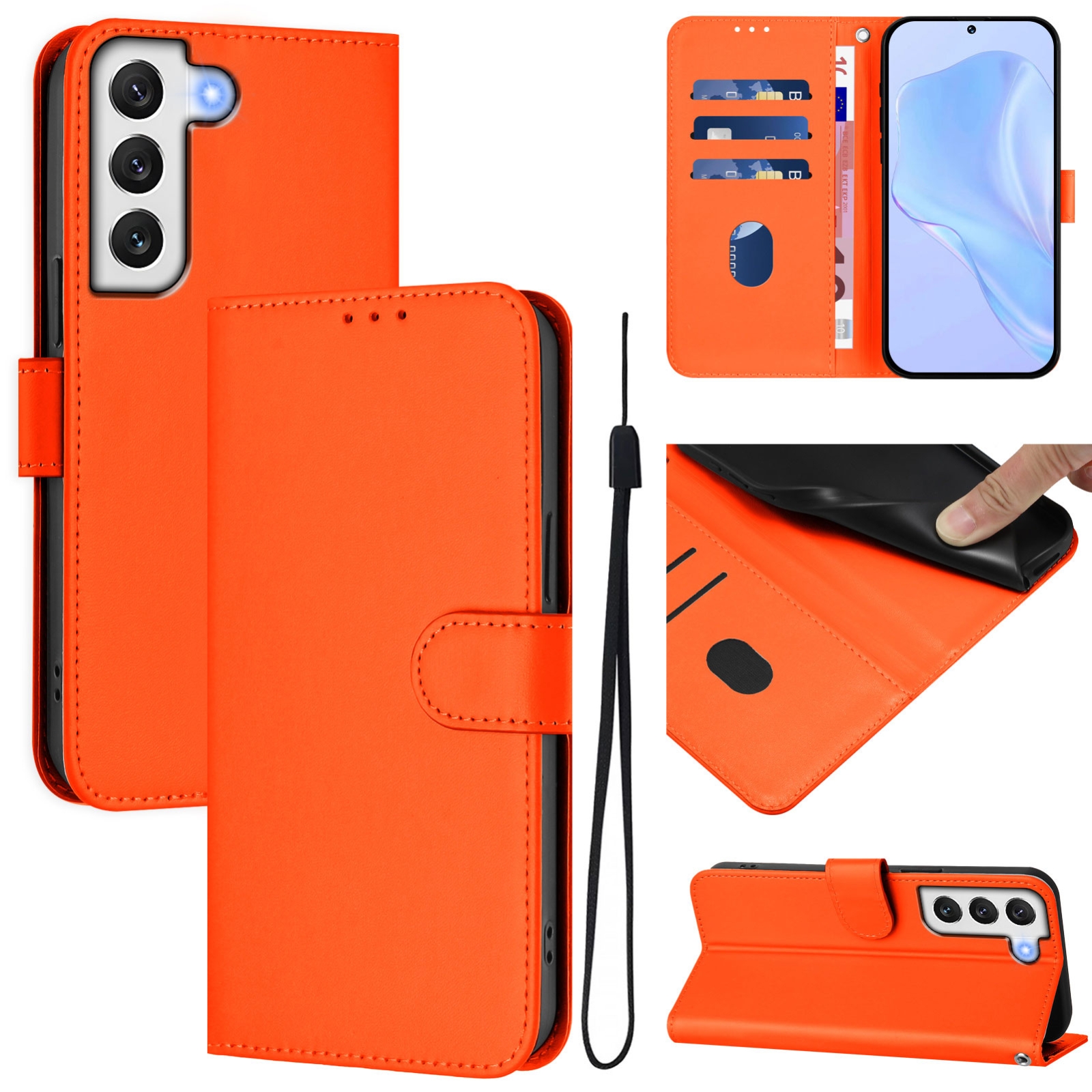 For Samsung Galaxy S22 5G Skin Feel Solid Color Leather Phone Case with Lanyard(Orange) For Samsung Galaxy S22 5G Skin Feel Solid Color Leather Phone Case with Lanyard(Orange)