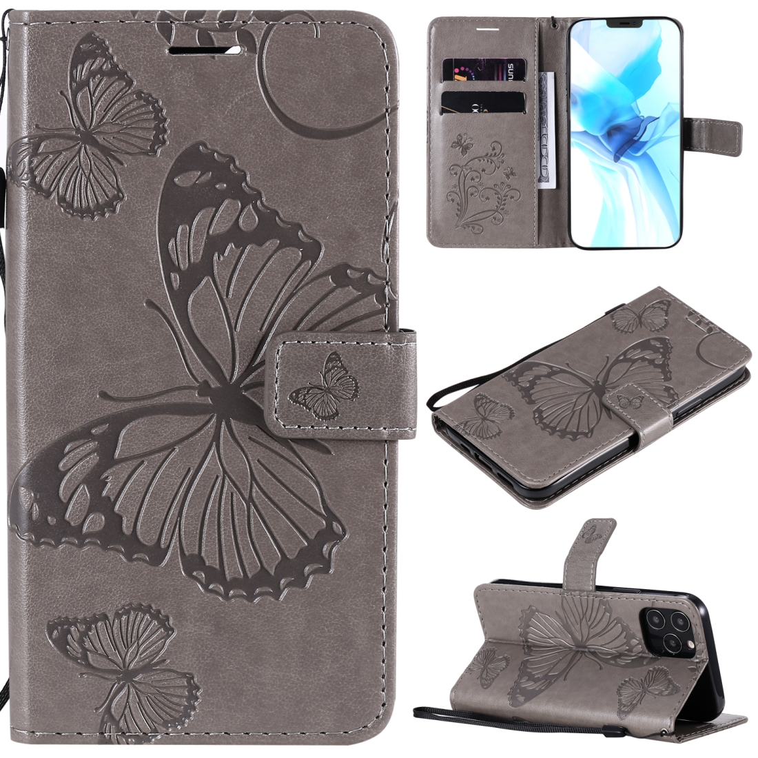 For iPhone 12 / 12 Pro 3D Butterfly Embossed Pattern Horizontal Flip Leather Case with Holder & Card Slot & Wallet & Lanyard(Grey) For iPhone 12 / 12 Pro 3D Butterfly Embossed Pattern Horizontal Flip Leather Case with Holder & Card Slot & Wallet & Lanyard(Grey)