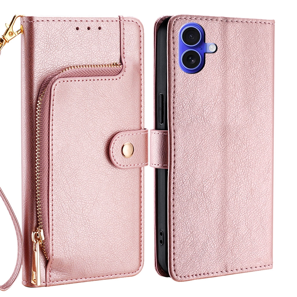 For iPhone 16 Zipper Bag Leather Phone Case(Rose Gold) For iPhone 16 Zipper Bag Leather Phone Case(Rose Gold)