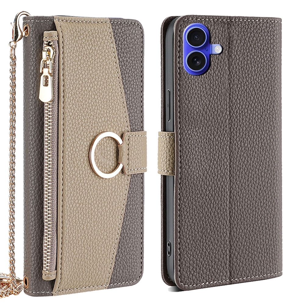 For iPhone 16 Plus Crossbody Litchi Texture Leather Phone Case(Grey) For iPhone 16 Plus Crossbody Litchi Texture Leather Phone Case(Grey)