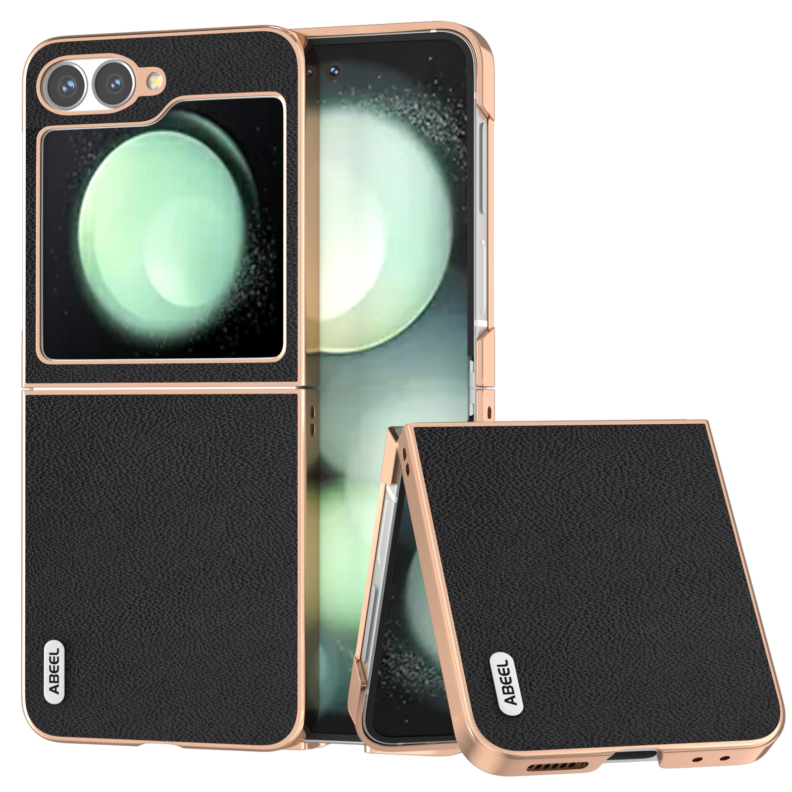 For Samsung Galaxy Z Flip6 ABEEL Electroplating Frame Genuine Leather + PC Litchi Texture Phone Case(Black) For Samsung Galaxy Z Flip6 ABEEL Electroplating Frame Genuine Leather + PC Litchi Texture Phone Case(Black)