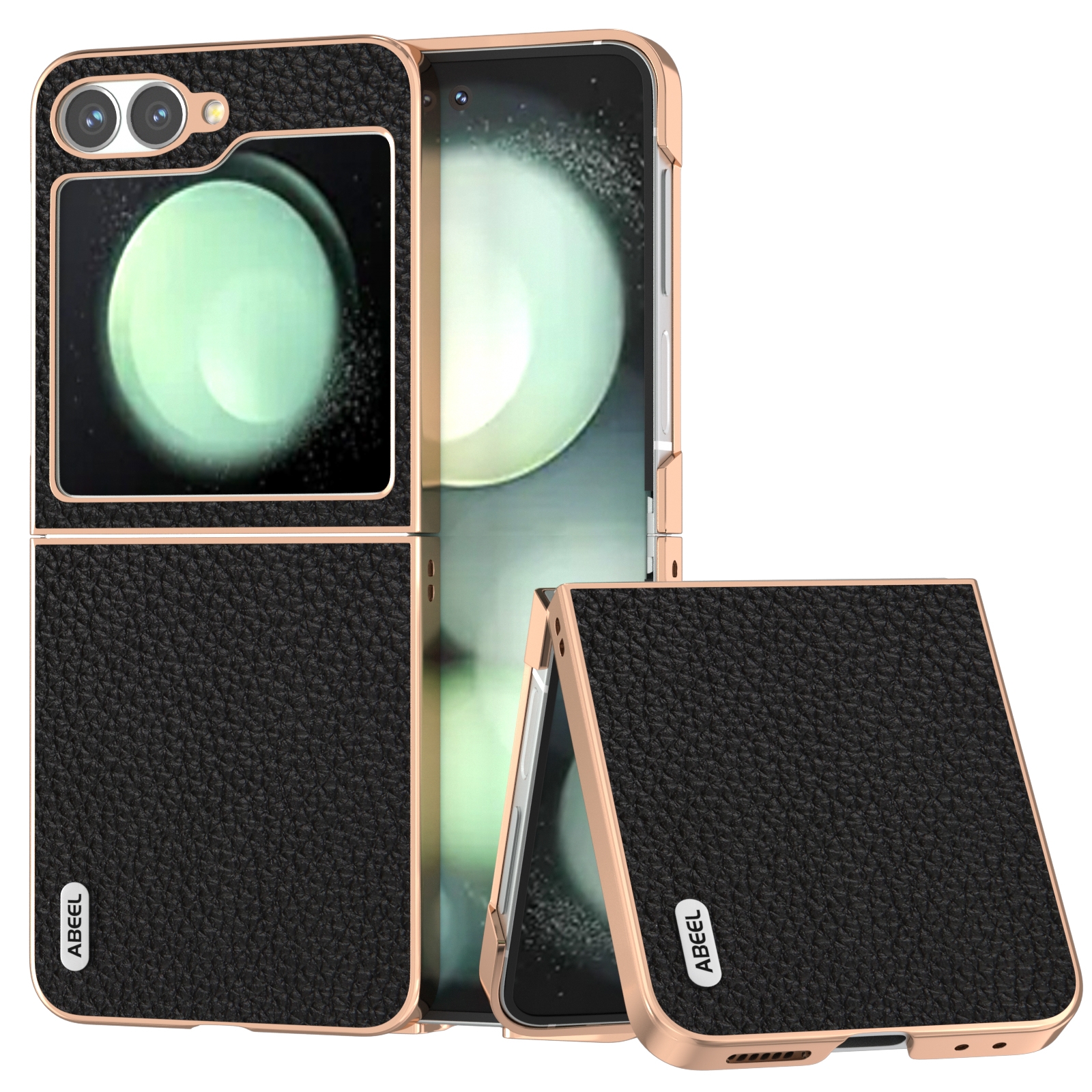 For Samsung Galaxy Z Flip6 ABEEL Electroplating Frame Genuine Leather Litchi Texture Phone Case(Black) For Samsung Galaxy Z Flip6 ABEEL Electroplating Frame Genuine Leather Litchi Texture Phone Case(Black)