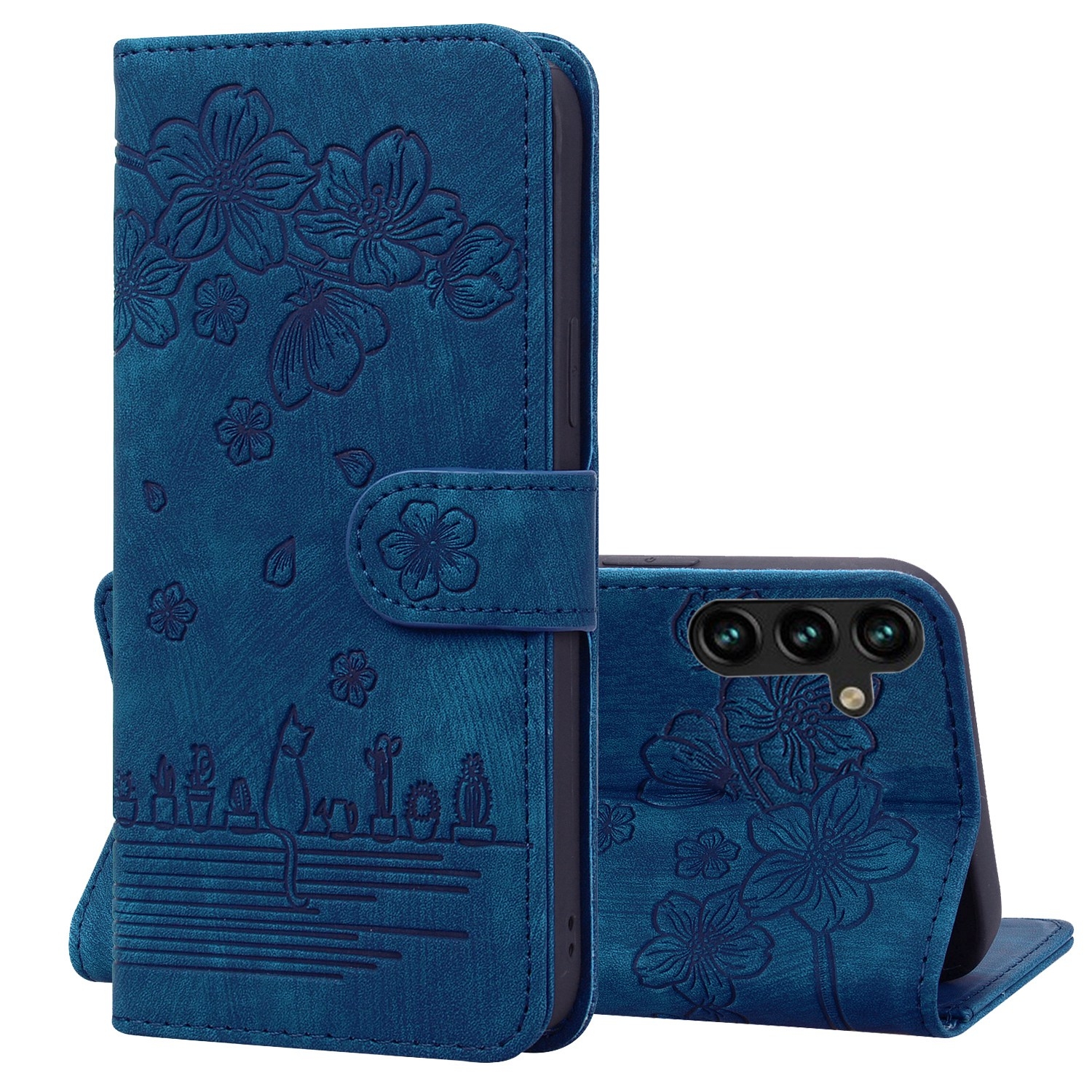 For Samsung Galaxy S23 FE 5G Cartoon Sakura Cat Embossed Leather Phone Case(Royal Blue) For Samsung Galaxy S23 FE 5G Cartoon Sakura Cat Embossed Leather Phone Case(Royal Blue)