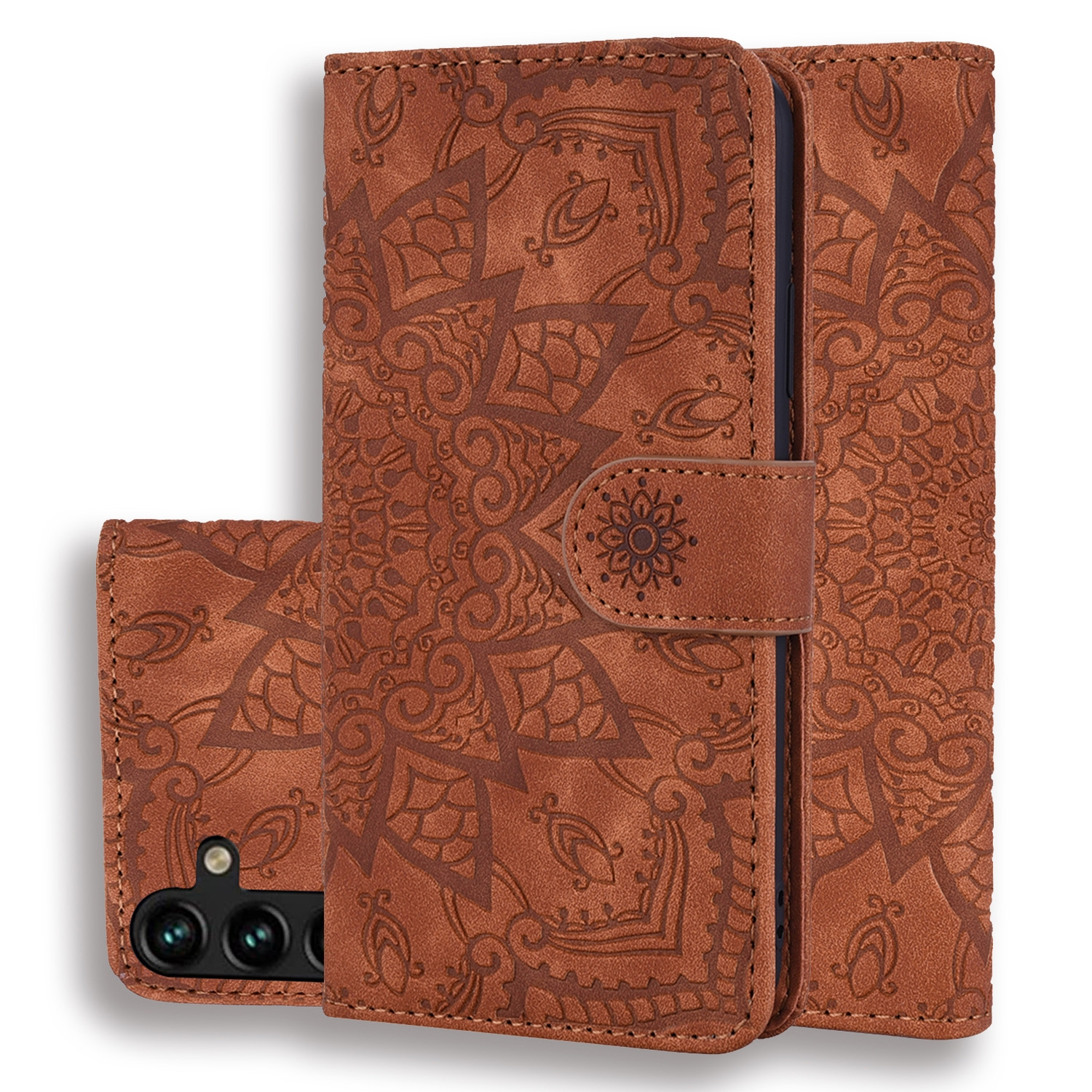 For Samsung Galaxy S24 FE 5G Mandala Embossed Dual-Fold Calf Leather Phone Case(Brown) For Samsung Galaxy S24 FE 5G Mandala Embossed Dual-Fold Calf Leather Phone Case(Brown)