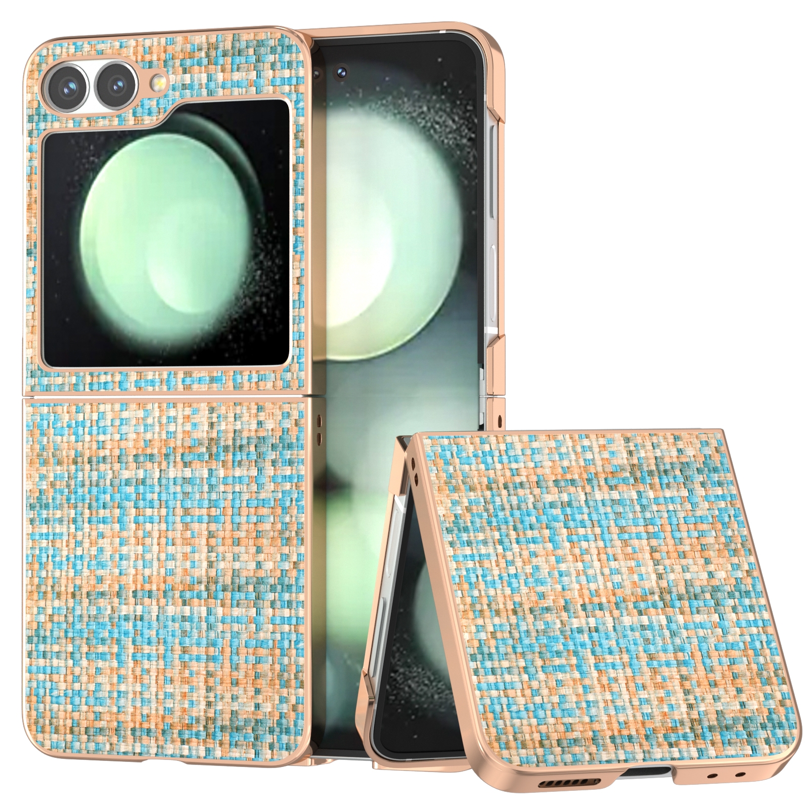 For Samsung Galaxy Z Flip6 Electroplated Frame Color Lattice Texture PU Phone Case(Blue) For Samsung Galaxy Z Flip6 Electroplated Frame Color Lattice Texture PU Phone Case(Blue)