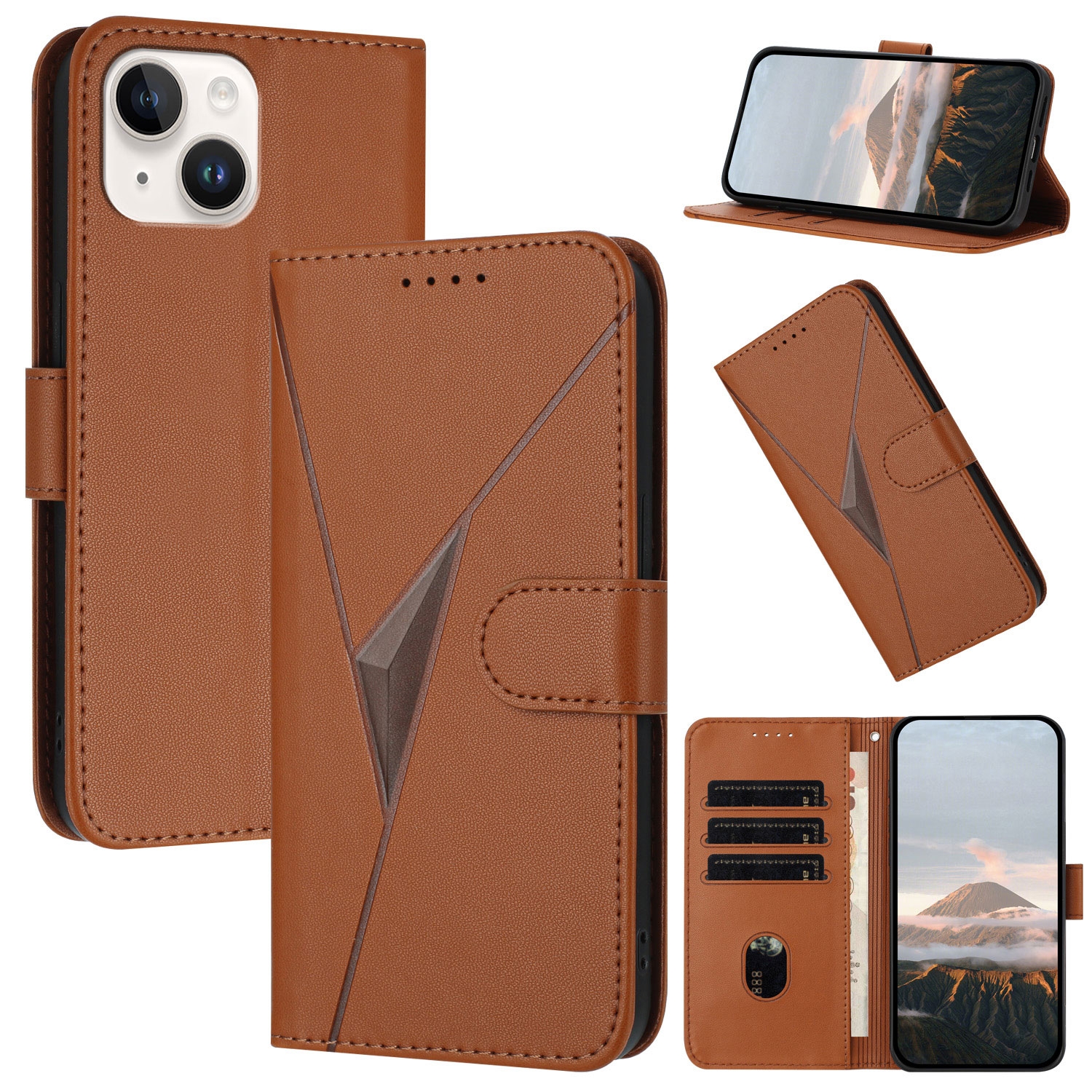 For iPhone 15 Triangle Pattern Buckle Clasp Leather Phone Case(Brown) For iPhone 15 Triangle Pattern Buckle Clasp Leather Phone Case(Brown)