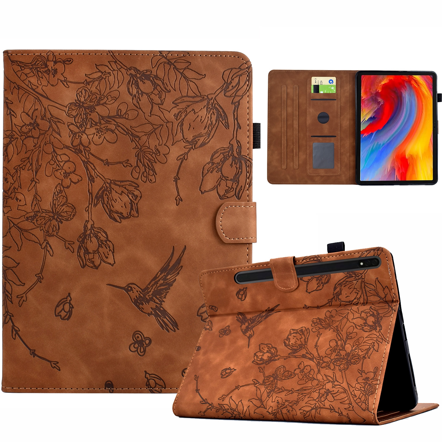 For Samsung Galaxy Tab S9 Flowers and Bird Embossed Smart Leather Tablet Case(Brown)
