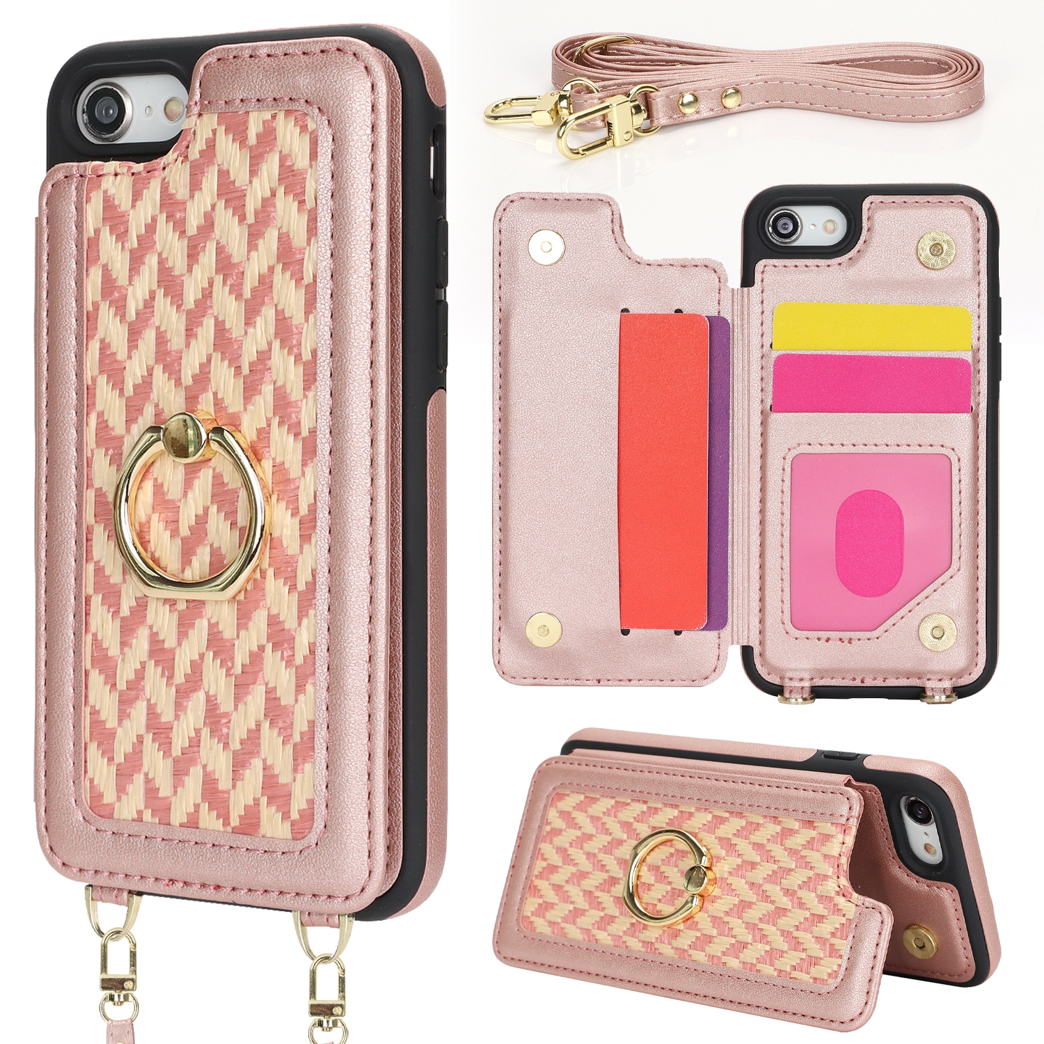 For iPhone 7 / 8 / SE 2020 2022 Double Bckle Card Slot Full Coverage Phone Case with Cross-body Strap(Rose Gold) For iPhone 7 / 8 / SE 2020 2022 Double Bckle Card Slot Full Coverage Phone Case with Cross-body Strap(Rose Gold)