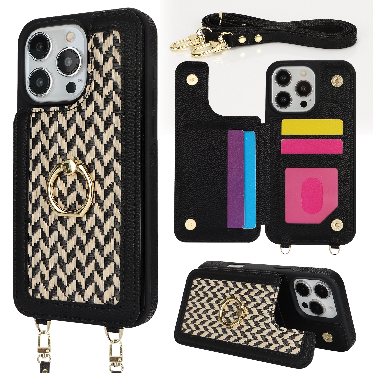 For iPhone 16 Pro Double Bckle Card Slot Full Coverage Phone Case with Cross-body Strap(Black) For iPhone 16 Pro Double Bckle Card Slot Full Coverage Phone Case with Cross-body Strap(Black)