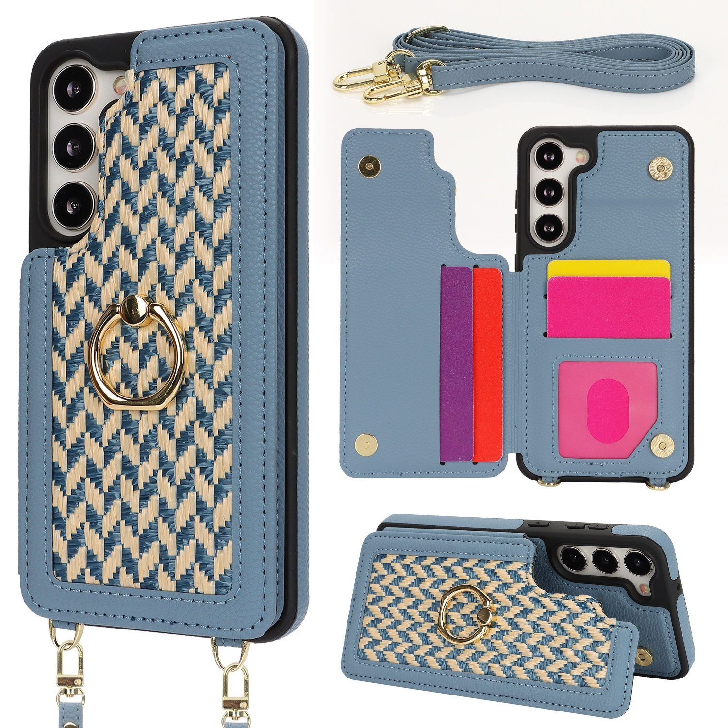 For Samsung Galaxy S23+ 5G Double Bckle Card Slot Full Coverage Phone Case with Cross-body Strap(Blue) For Samsung Galaxy S23+ 5G Double Bckle Card Slot Full Coverage Phone Case with Cross-body Strap(Blue)