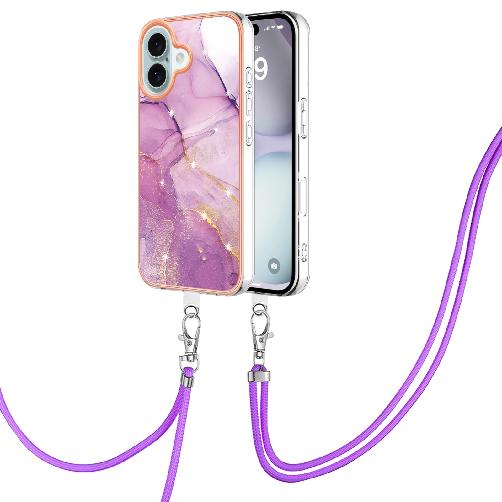 For iPhone 16 Plus Electroplating Marble Dual-side IMD Phone Case with Lanyard(Purple 001) For iPhone 16 Plus Electroplating Marble Dual-side IMD Phone Case with Lanyard(Purple 001)