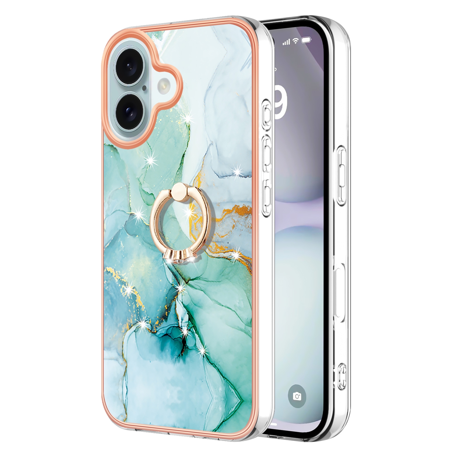 For iPhone 16 Plus Electroplating Marble IMD TPU Phone Case with Ring Holder(Green 003) For iPhone 16 Plus Electroplating Marble IMD TPU Phone Case with Ring Holder(Green 003)