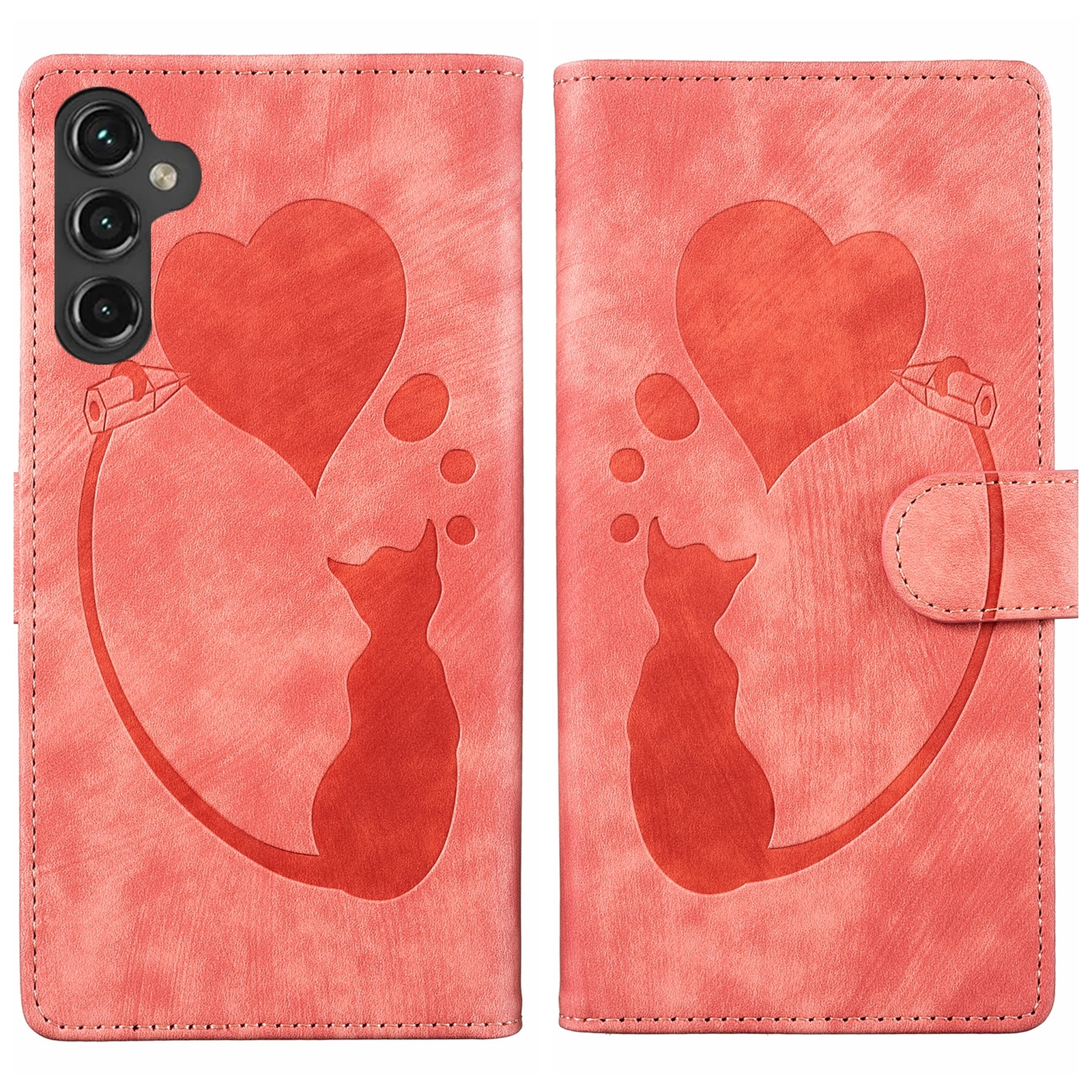 For Samsung Galaxy S25 5G Pen Heart Cat Embossed Leather Phone Case(Orange)