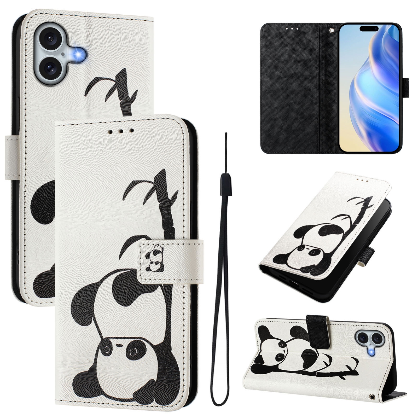 For iPhone 16 Art Colored Drawing Pattern Leather Phone Case(Panda) For iPhone 16 Art Colored Drawing Pattern Leather Phone Case(Panda)