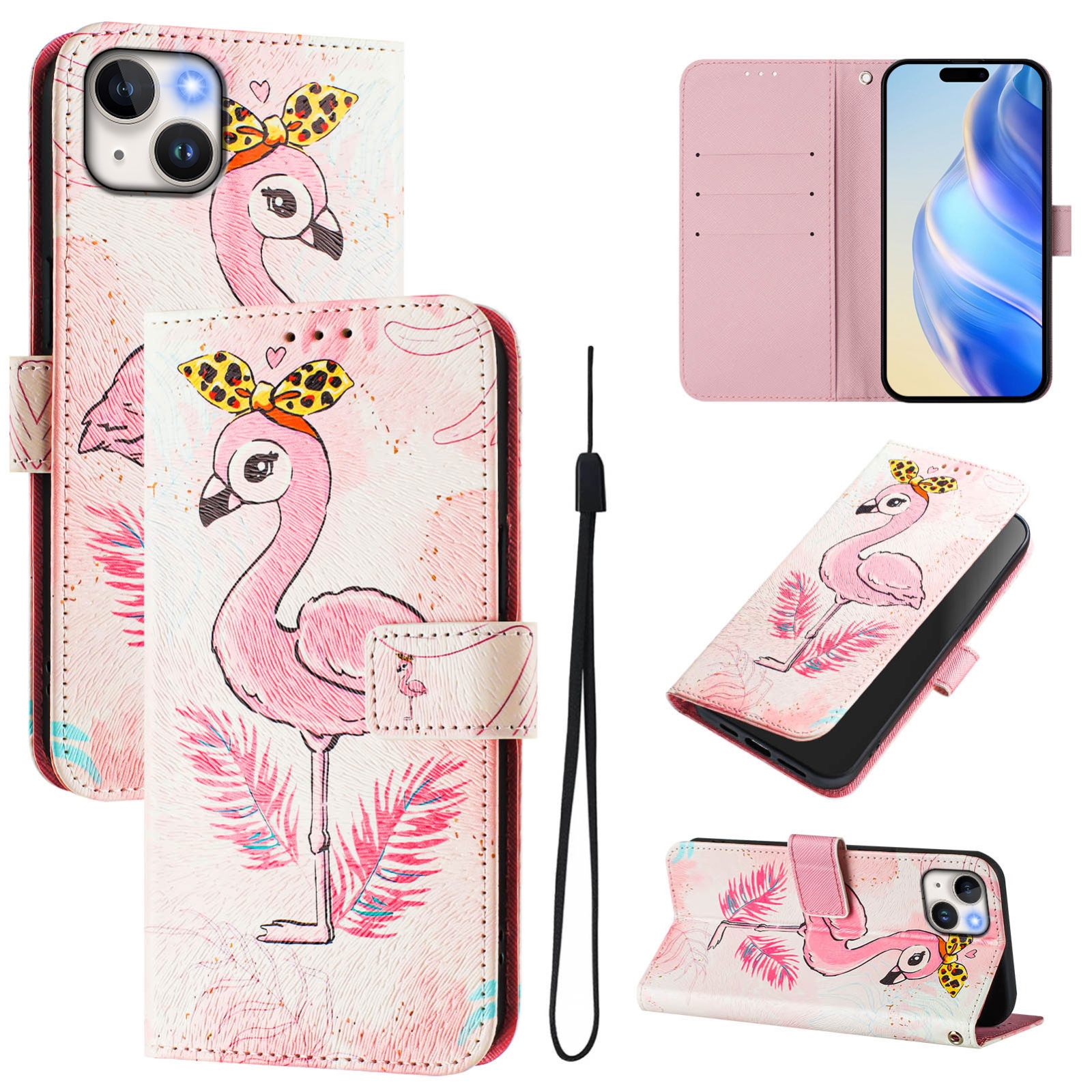 For iPhone 14 Plus Art Colored Drawing Pattern Leather Phone Case(Flamingo) For iPhone 14 Plus Art Colored Drawing Pattern Leather Phone Case(Flamingo)