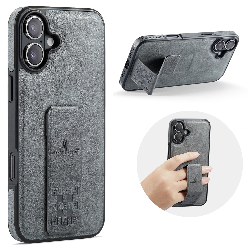 For iPhone 16 Plus Fierre Shann Oil Wax Cow Leather Holder Back Phone Case(Grey) For iPhone 16 Plus Fierre Shann Oil Wax Cow Leather Holder Back Phone Case(Grey)