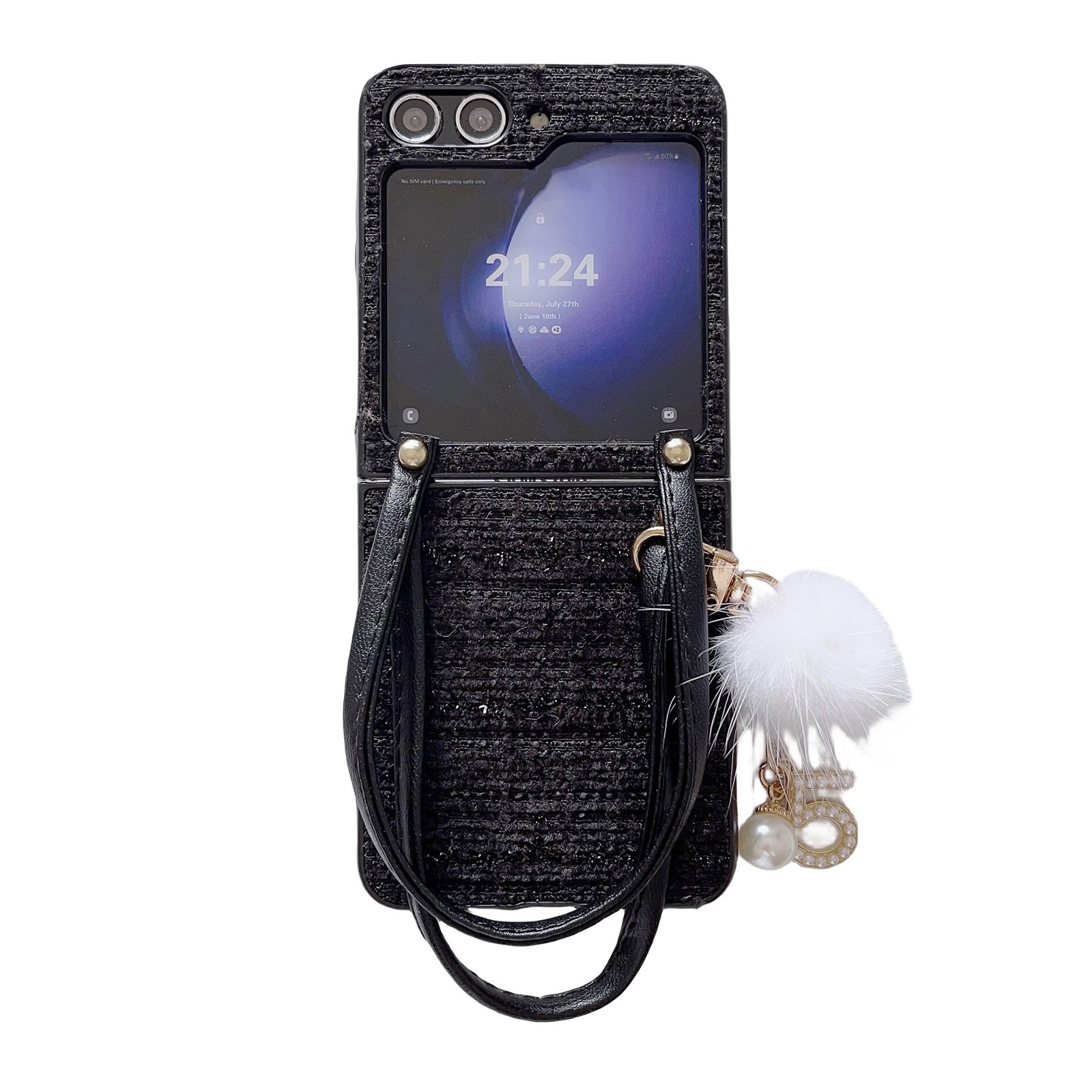For Samsung Galaxy Z Flip6 Handbag Design Plush Ball Plaid Fabric PC Phone Case(Black) For Samsung Galaxy Z Flip6 Handbag Design Plush Ball Plaid Fabric PC Phone Case(Black)