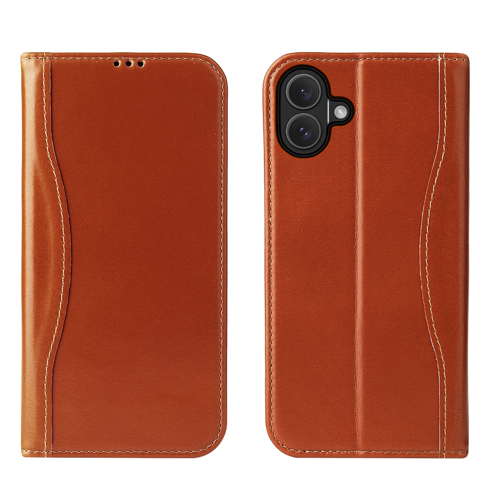 For iPhone 16 Fierre Shann Cowhide Leather Flip Leather Phone Case(Brown) For iPhone 16 Fierre Shann Cowhide Leather Flip Leather Phone Case(Brown)