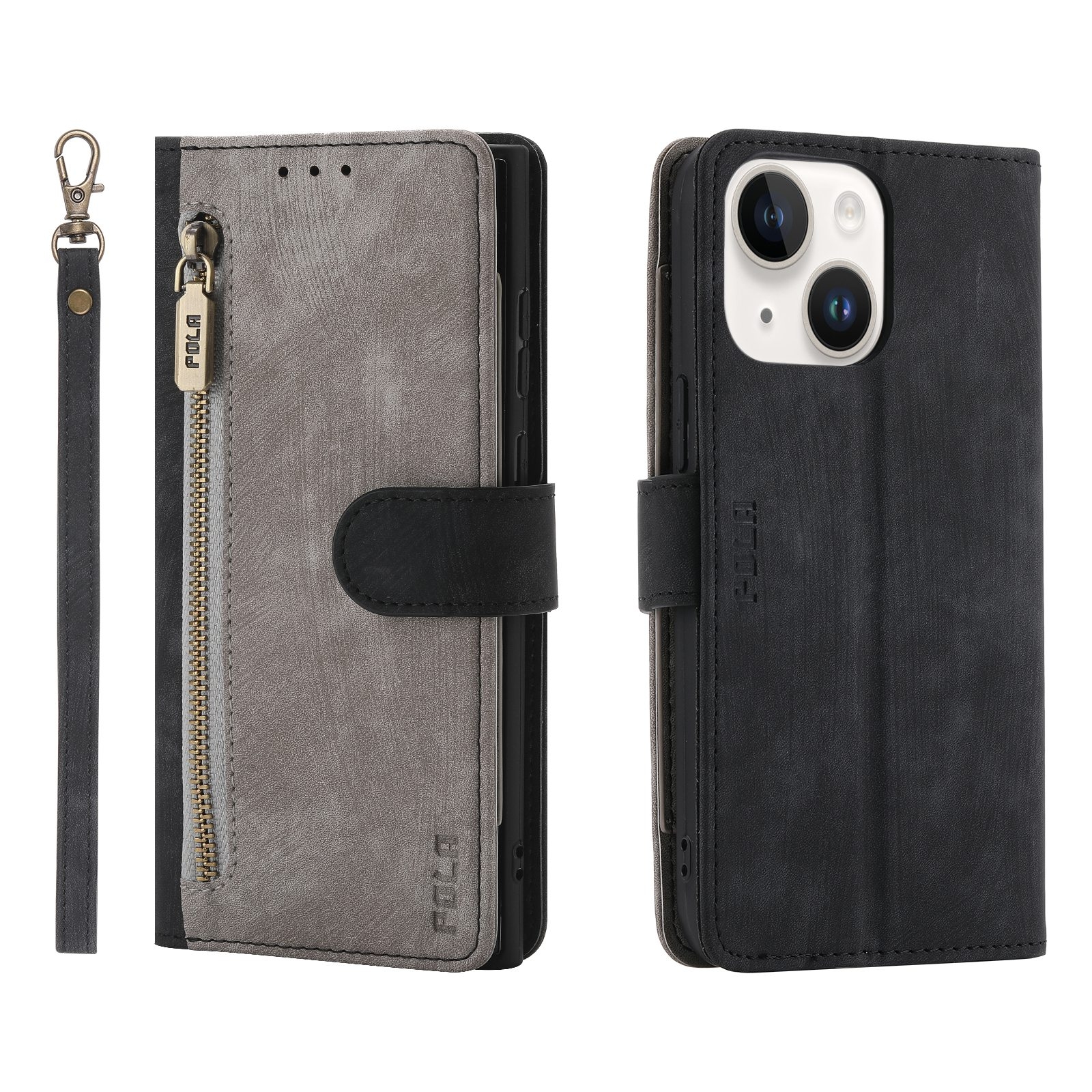For iPhone 14 Plus POLA Dual-color Zipper Wallet RFID Leather Phone Case(Grey Black) For iPhone 14 Plus POLA Dual-color Zipper Wallet RFID Leather Phone Case(Grey Black)